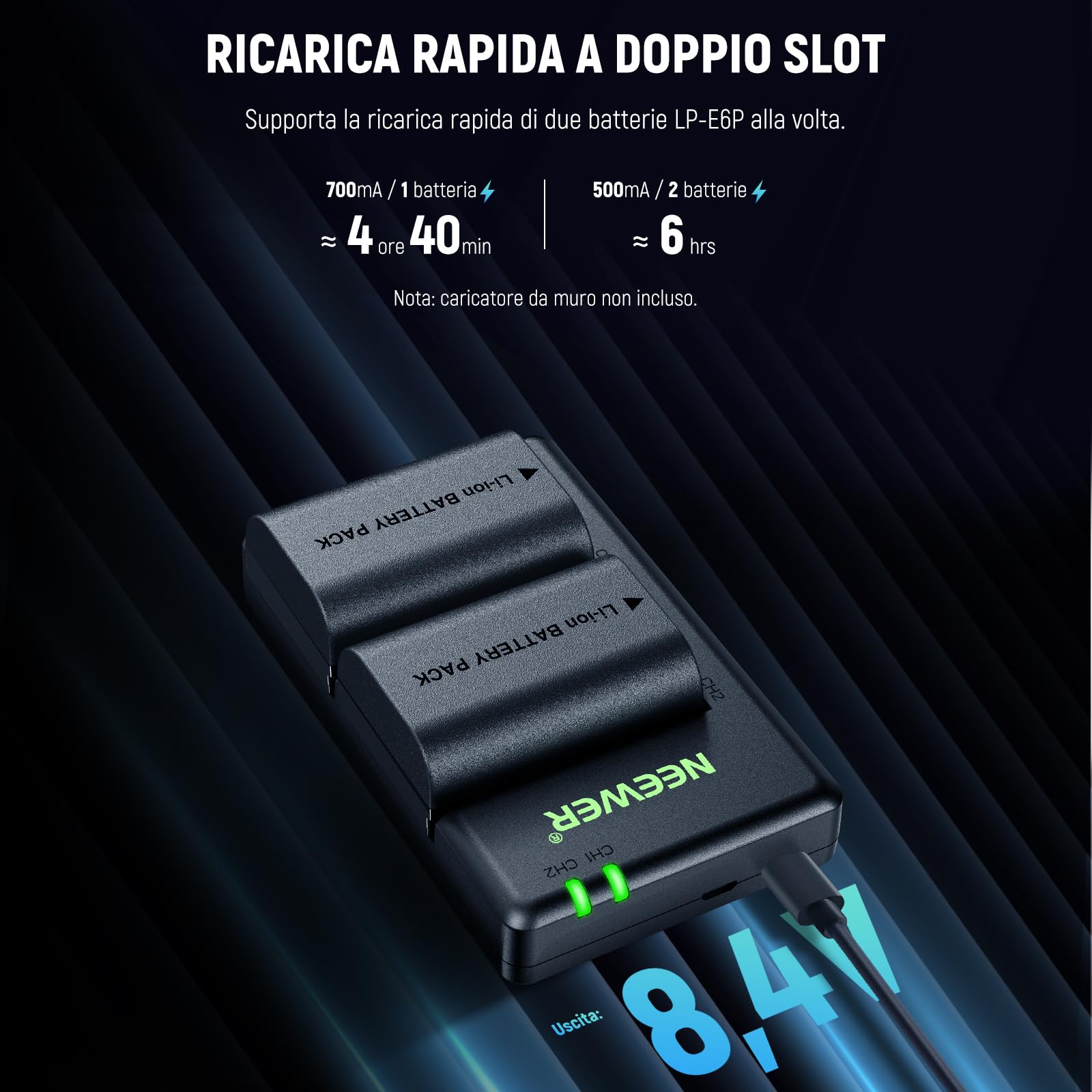 NEEWER Confezione da 2 batterie LP-E6P/LP-E6NH/LP-E6N da 2200 mAh e caricabatterie doppio USB, compatibili SOLO con Canon EOS R5/R6/R7 5D/6D/7D/60D/70D/80D/90D
