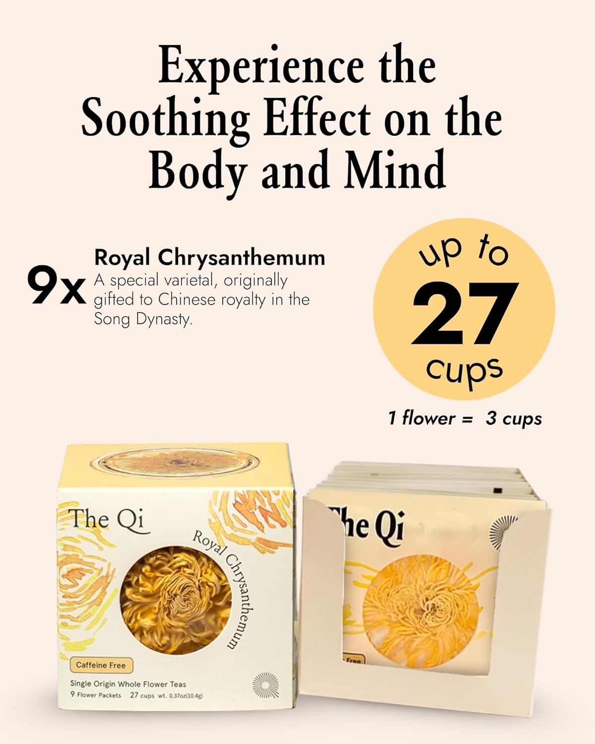 The-Qi Royal Chrysanthemum Blooming Flower Tea – The Qi 9 Pcs Whole Chrysanthemum Flowers – 100% All Natural Blooming Tea Gift Set for Inner Calm & Relaxation, Caffeine-free – Makes 27 Cups