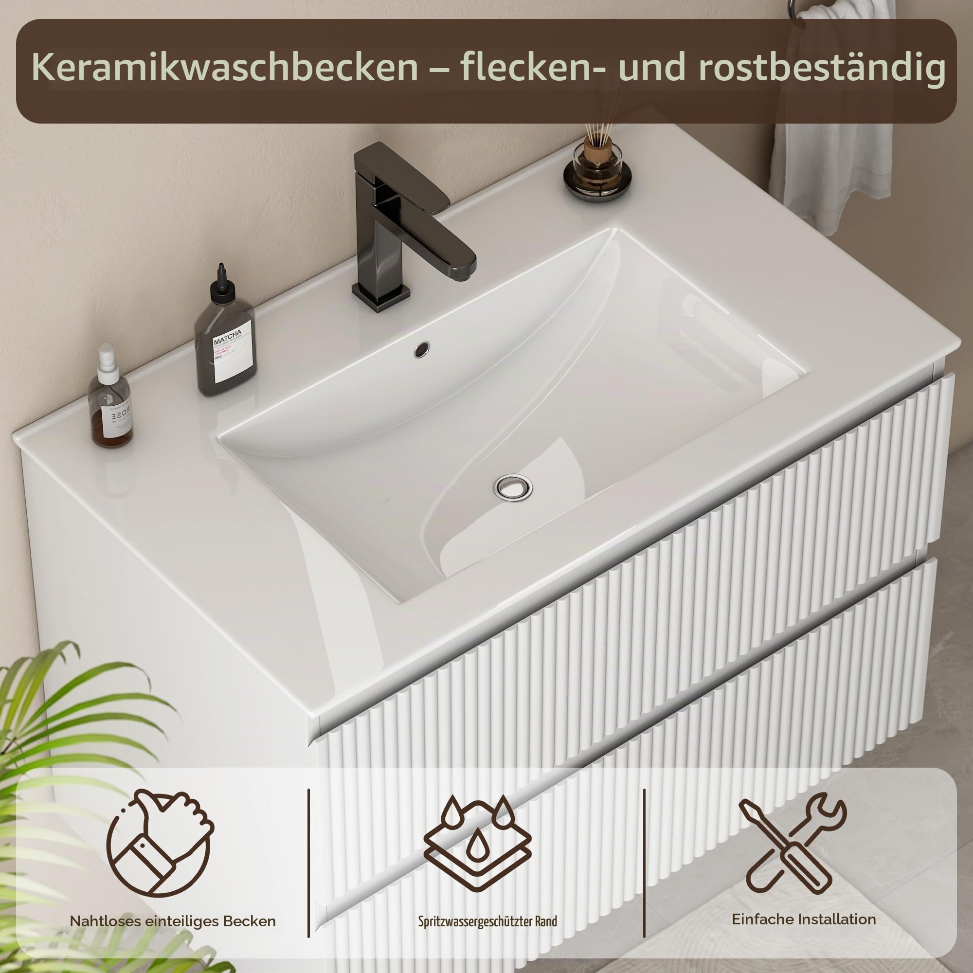 Waschtisch für Gäste-WC 60 cm, Hängender Waschbeckenunterschrank mit Keramik-Waschbecken, 2 Schubladen mit Rillenfront für kleine Bäder, Weiß