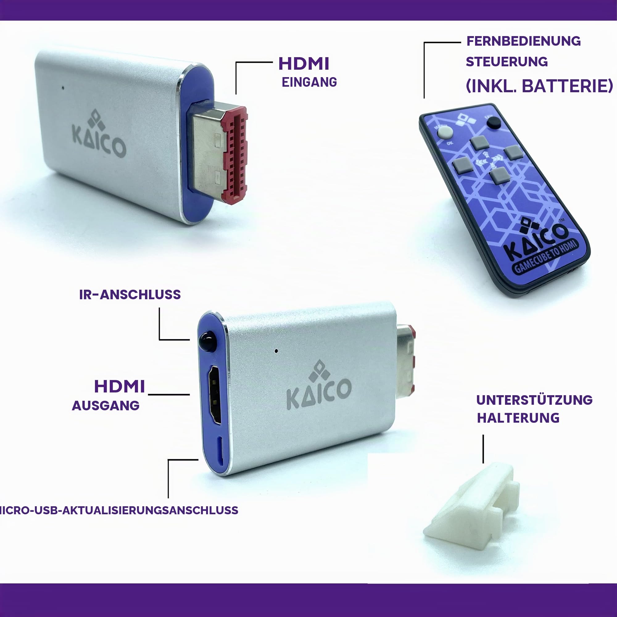 Kaico Gamecube HDMI Adapter for Nintendo Gamecube DOL-001 with GCVideo | Uses GCVideo with 2x line doubling, scanline options, pure digital output, remote control, and no external power