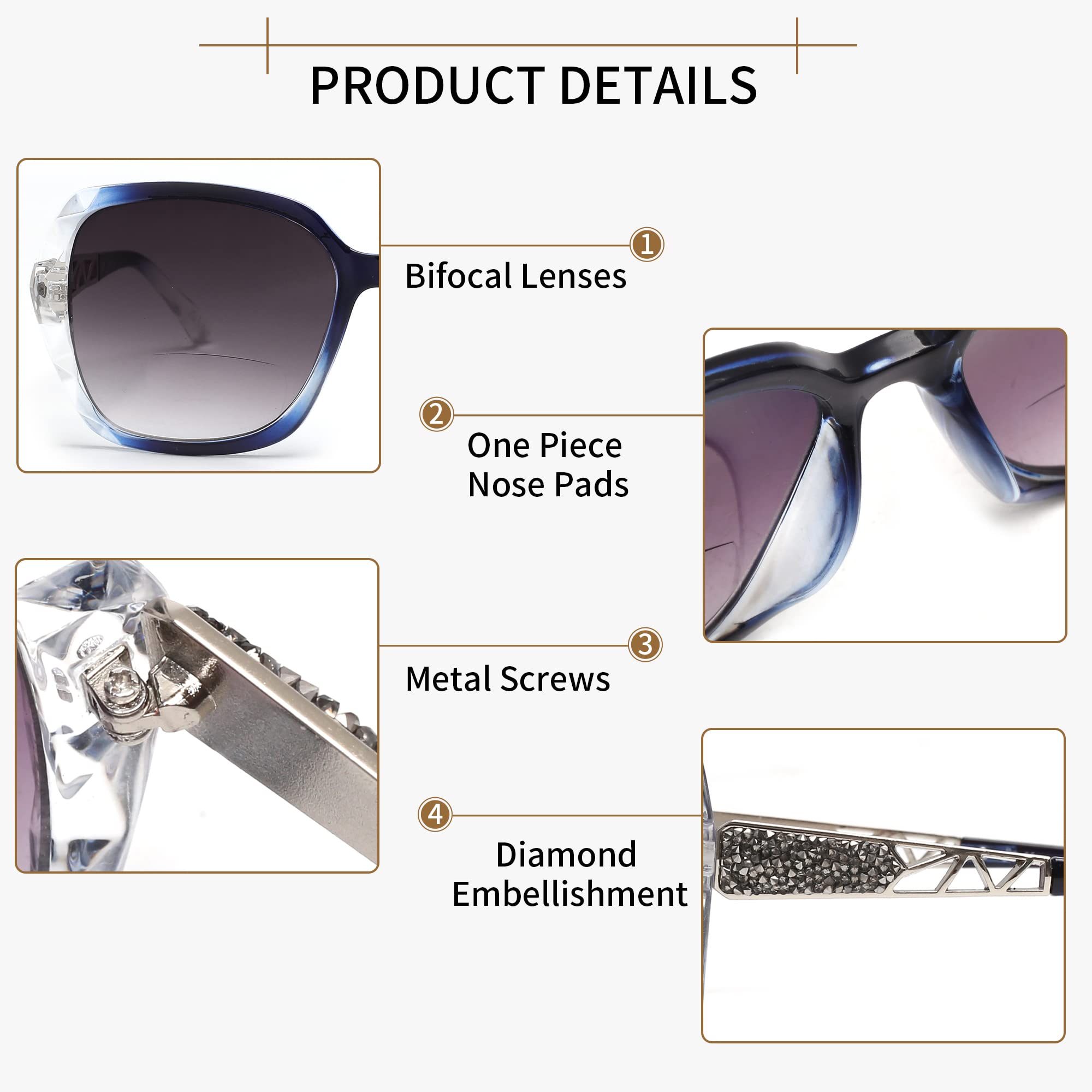 JM Bifocal Reading Sunglasses, Oversized Sun Reader Glasses for Women UV Protection Outdoor Clear Blue +2.25 - Image 4