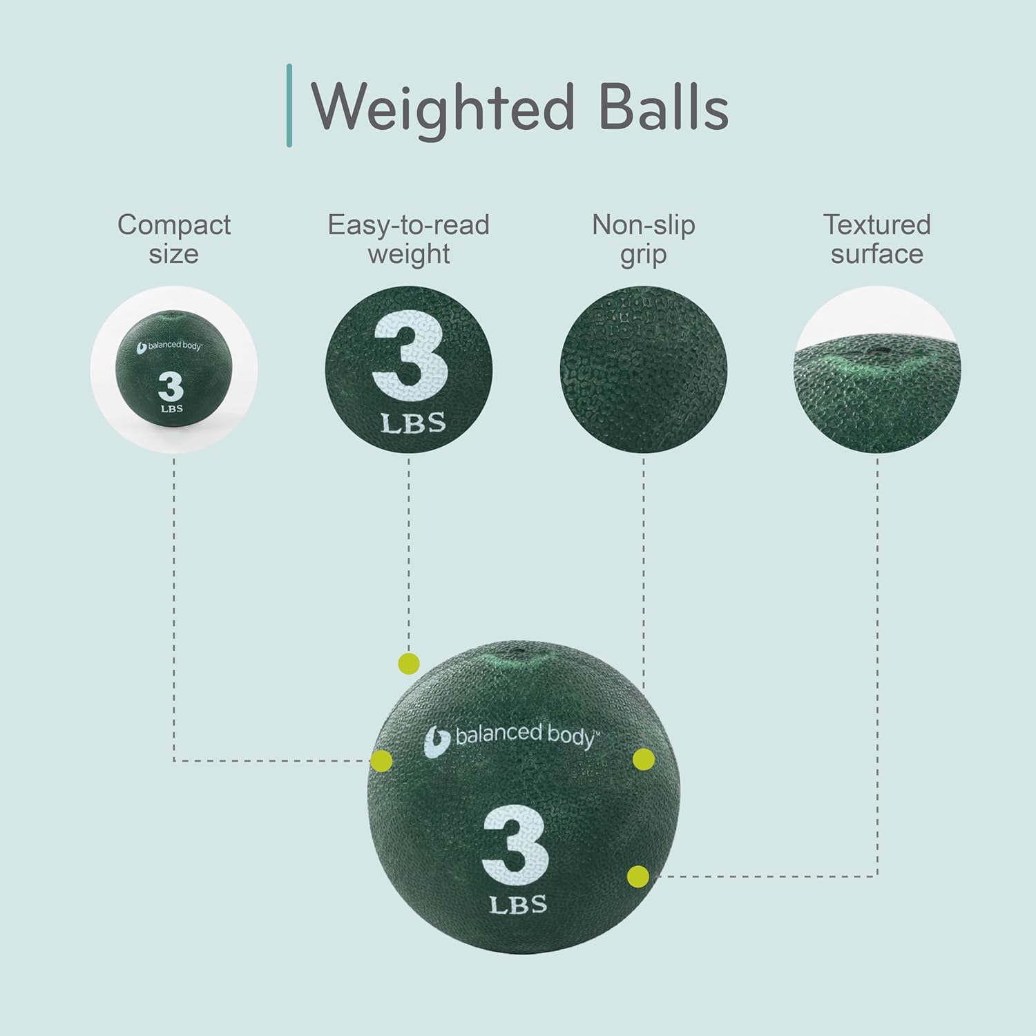 Balanced Body Weighted Ball, Pilates Exercise Ball for Home Exercise Equipment or Pilates Studio, 3 Pounds, 3 1/2-Inch Diameter, Green