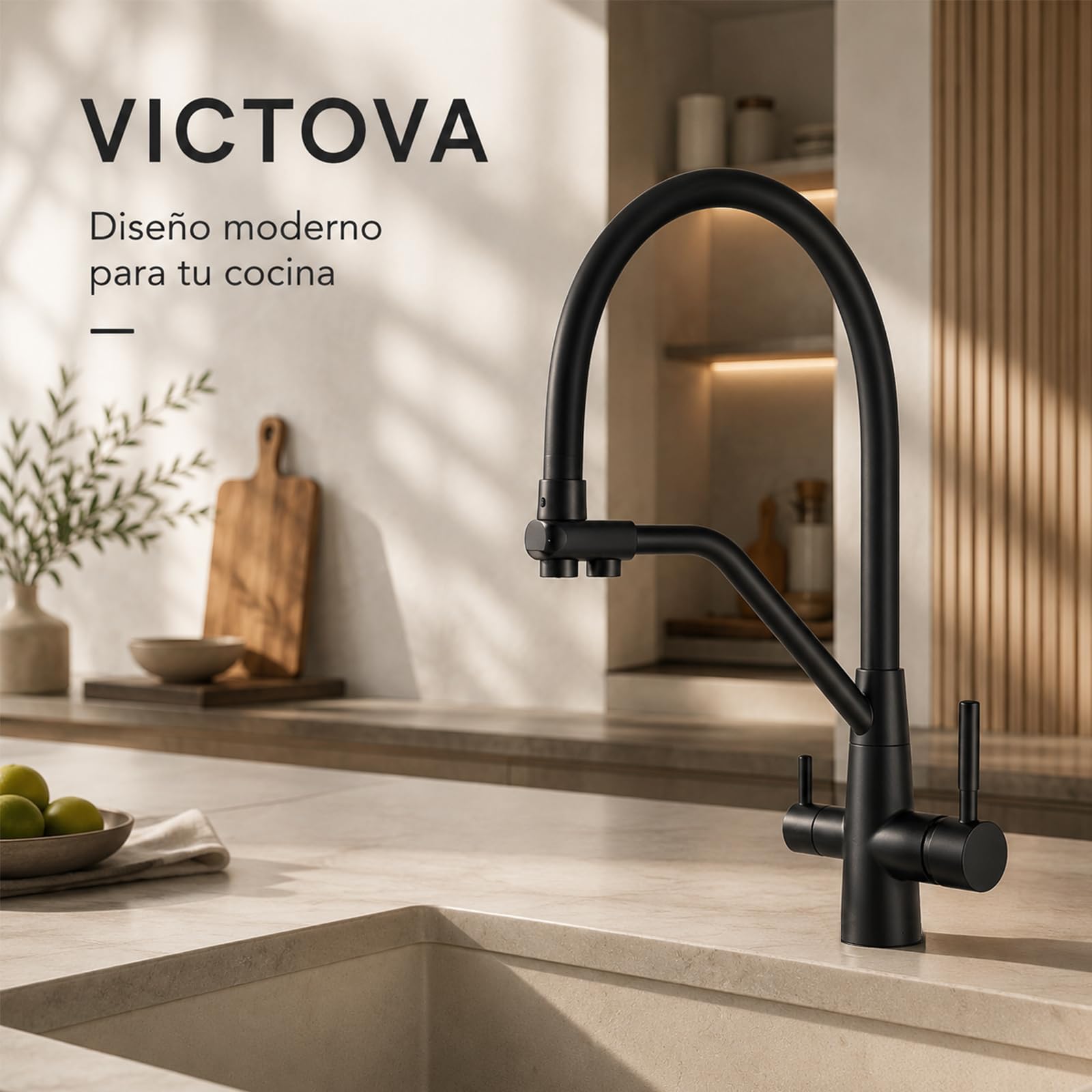 Grifo de Cocina 3 Vías Negro Satinado para Ósmosis, Agua Fría y Caliente, Latón Macizo