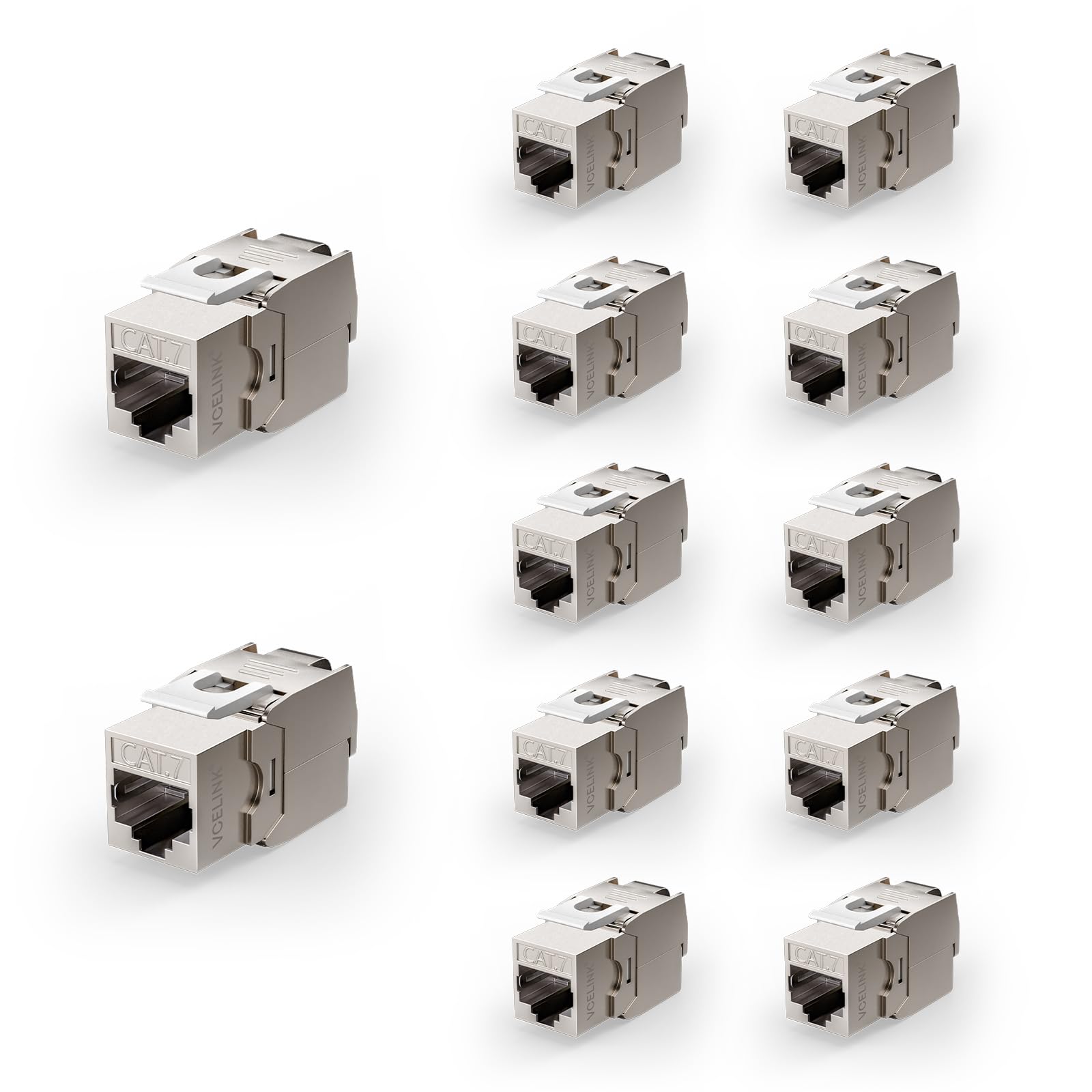 VCELINK 12x CAT7 Keystone RJ45 Modul Buchse, für LAN Kabel 10 Gbit/s bis 600 MHz AWG 22-24 & PoE, Werkzeuglos LSA, Vollgeschirmt Einbaubuchse für Patchpanel und Netzwerkdose