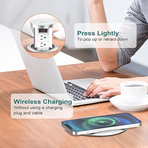 Miniatura 2 de Toma de corriente desplegable para encimera con PD 20W USB C, salida empotrada de encimera, 4 salidas de CA, 3 puertos USB y cargador inalámbrico de