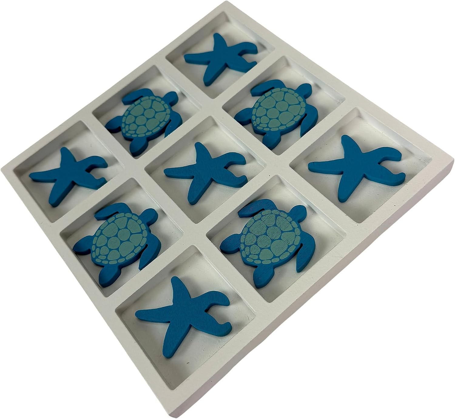 Sea Turtle Sculpture Board, 8 Inch White Blue Wood Starfish Decor