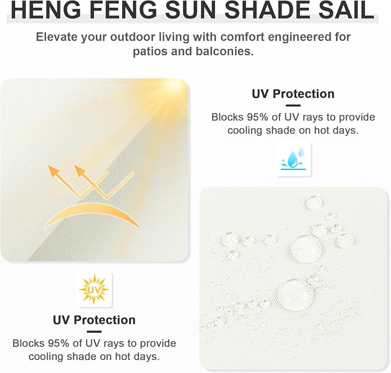 Vela de umbrire triunghiulară HENG FENG 3x3x3m, prelată din poliester PES impermeabil, pentru terasă sau grădină, culoare bej, filtrare UV 95%
