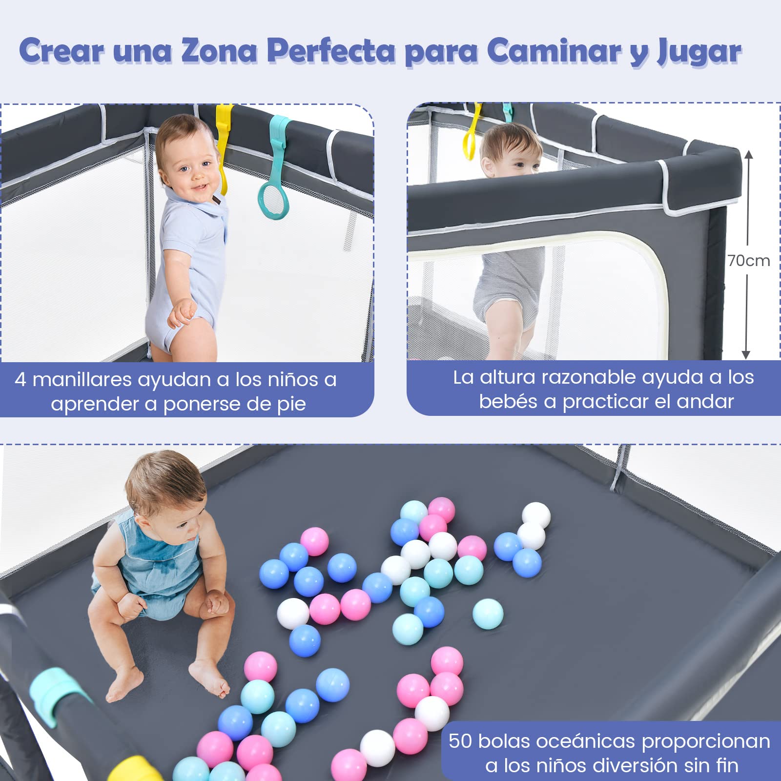 COSTWAY Parque Infantil Bebe Plegable, Parque de Juegos para Bebé, 124x124x70cm, Corralito Bebe con Malla Transpirable y Ventosas Antideslizantes, 50 Bolas, 4 Anillos de Agarre (Gris Oscuro)