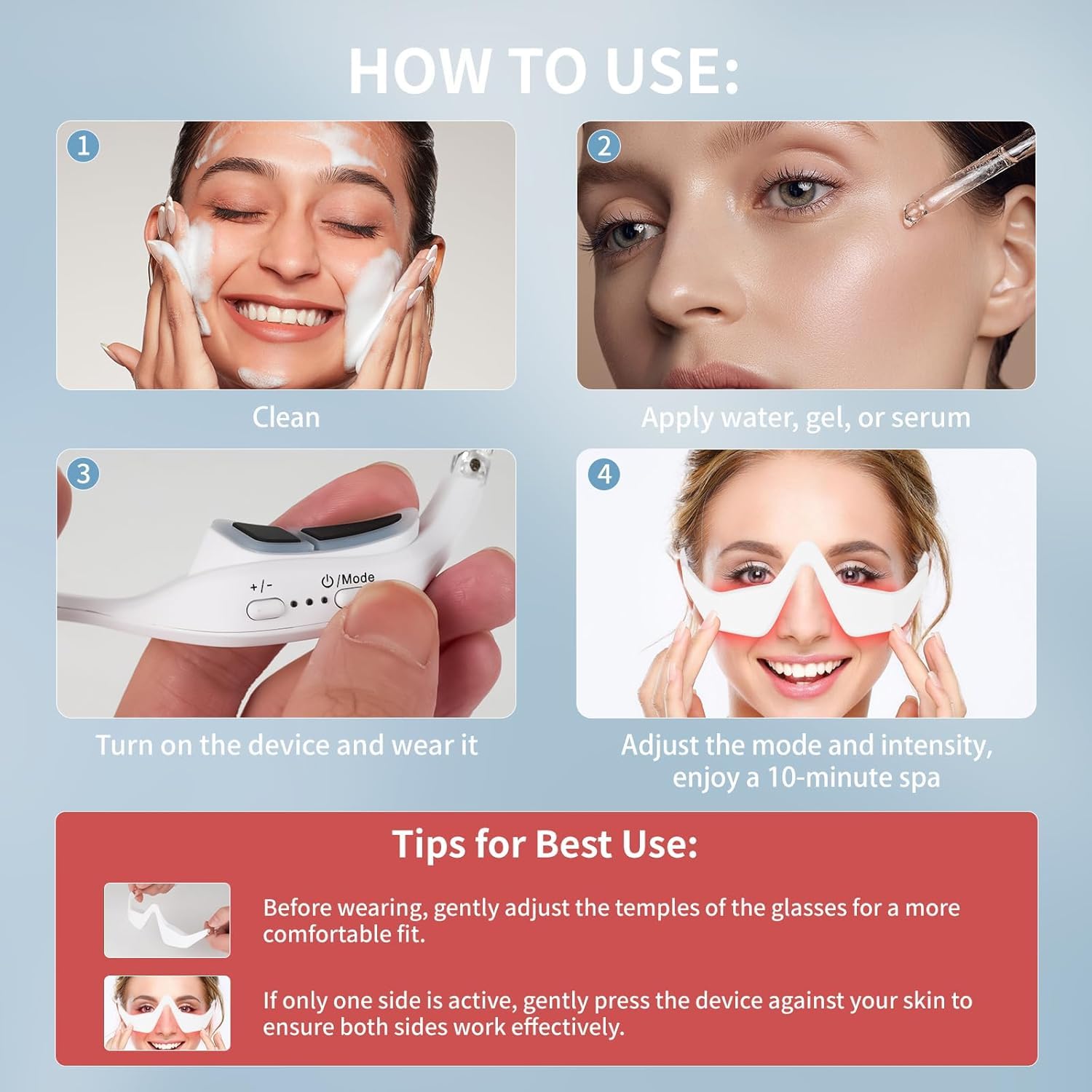Dispositivo per massaggio occhi, terapia a luce rossa e microcorrente per occhi con occhiali, dispositivo per cura degli occhi con 4 modalità per occhiaie, borse sotto gli occhi, gonfiore, rughe e