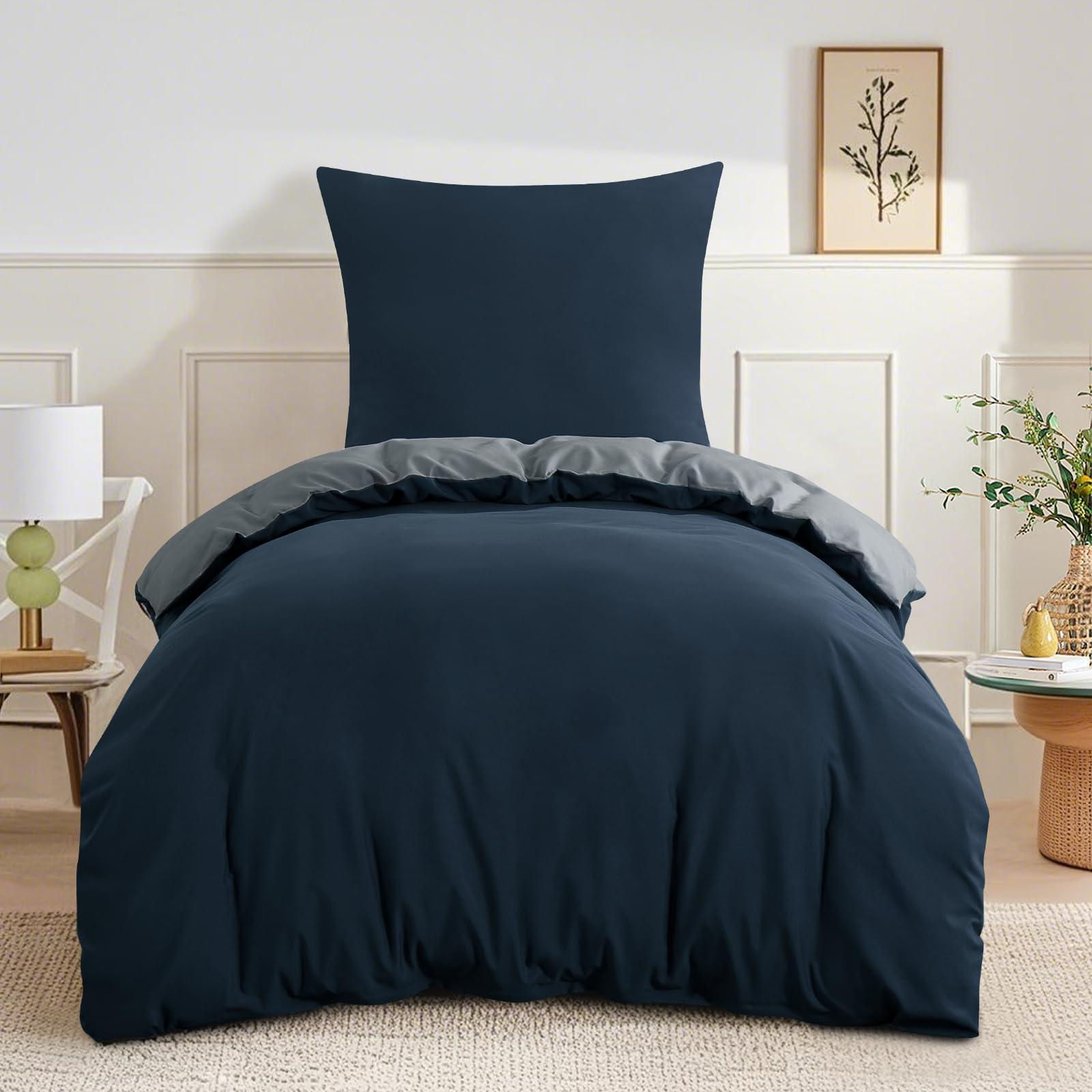 RUIKASI Bettwäsche 155x220 Blau Grau 2teilig - Wendebettwäsche Bettbezug 155 x 220 mit Reißverschluss, Oeko-TEX Mikrofaser Bettwäsche Sets, Weich und Bügelfrei