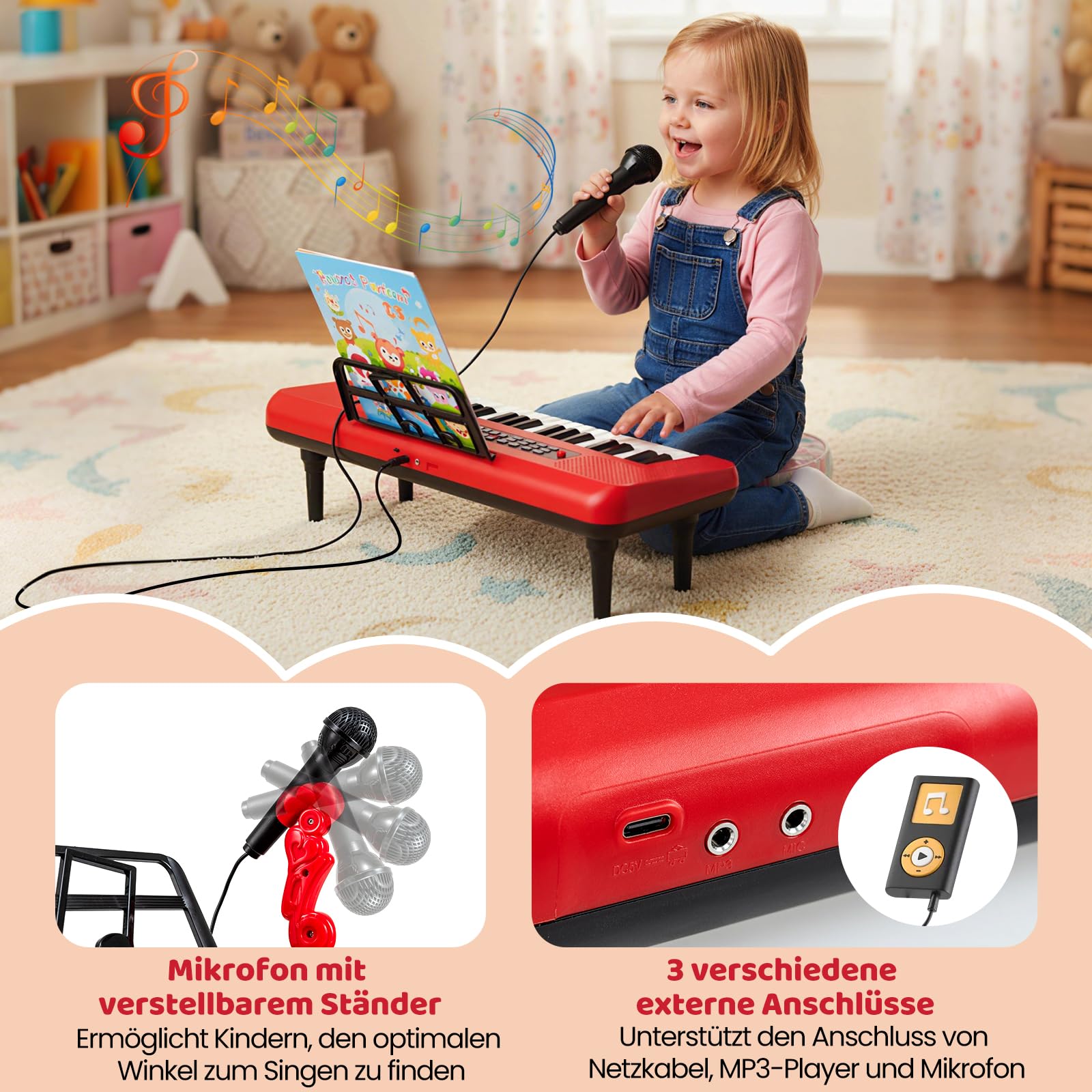 COSTWAY 37 Tasten Kinder Keyboard, Kinderklavier elektronisch mit Mikrofon, Notenständer & abnehmbare Beine, tragbares Musikinstrument, Kinderpiano Klaviertastatur für Kinder ab 3 Jahren (Rot)