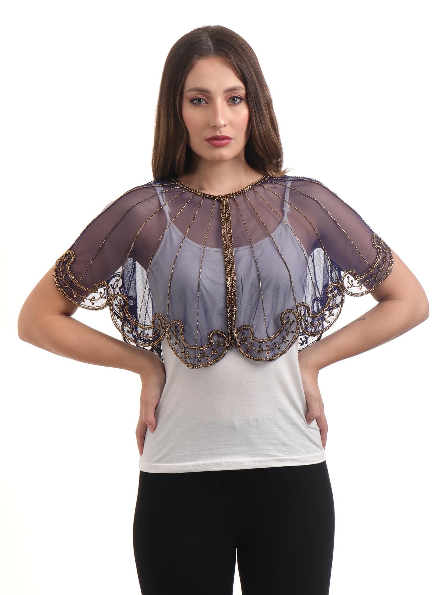 jedco Women's Net Cape Poncho Top, Round Neck, Embroidered, Short Length, Vine (in, Alpha, Free Size, Regular, Navy Gold)-picture-23
