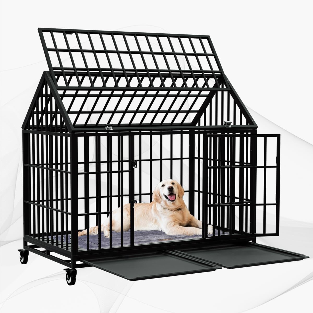 Snuowu 54/48 Inch Heavy Duty Dog Crate Large Dog cage Strong Metal Dog Kennels and Crates for Large Dogs Top Open with Wheels 2 Removable Trays