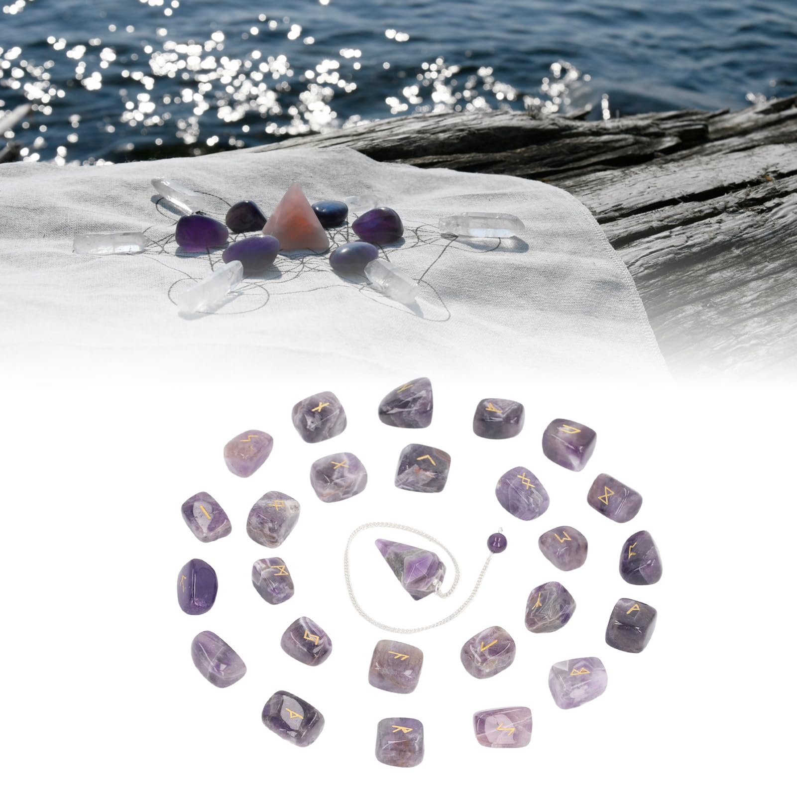 Juego de 25 Piedras Runas, Péndulo y Bolsa de Cristal, Curación, Chakras Equilibrados, Mente Pacífica, Adivinación, Meditación para Problemas Emocionales, Colección de Rocas,