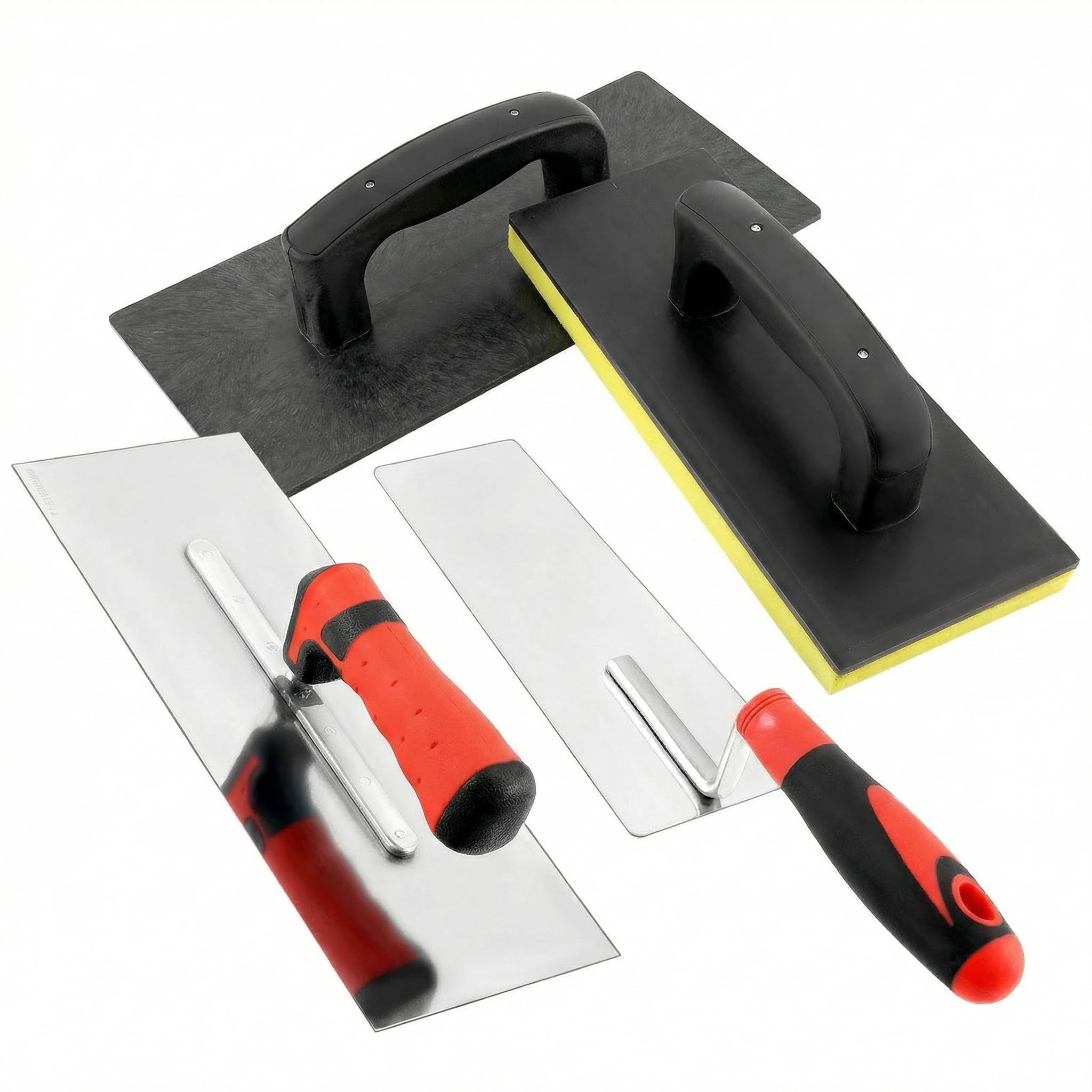 QWORK® Set de 4 piezas para trabajos de enlucido, llana de plástico para hormigón, llana de enlucido de acero inoxidable, llana de alisado de acero inoxidable 300x120 mm y llana de goma esponjosa