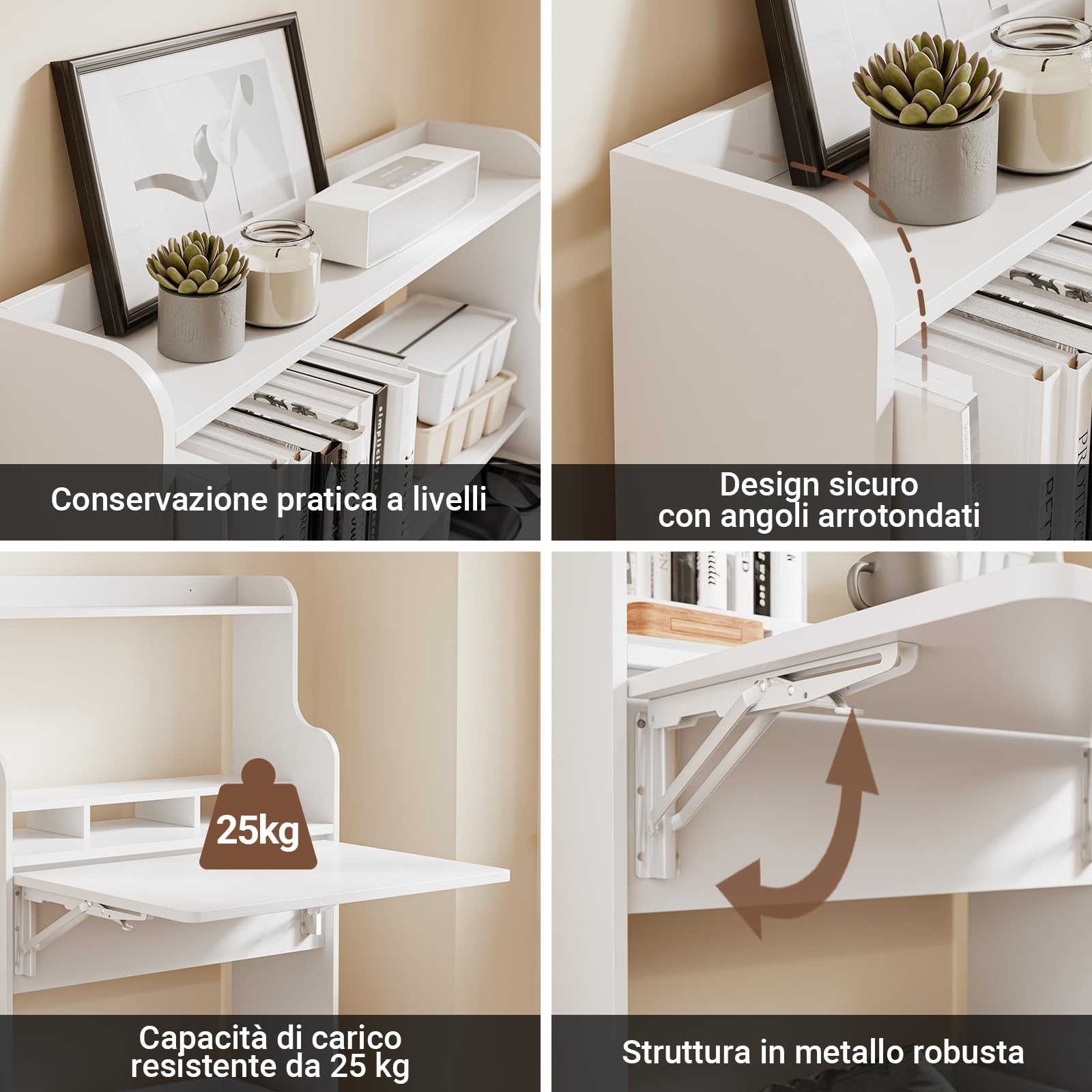 SoBuy Scrivania Pieghevole a Muro Scrivania Salvaspazio Richiudibile con Scatola Portaoggetti con Ruote Tavolo Pieghevole Bianco 64x63x100,6 cm FWT105-II-W