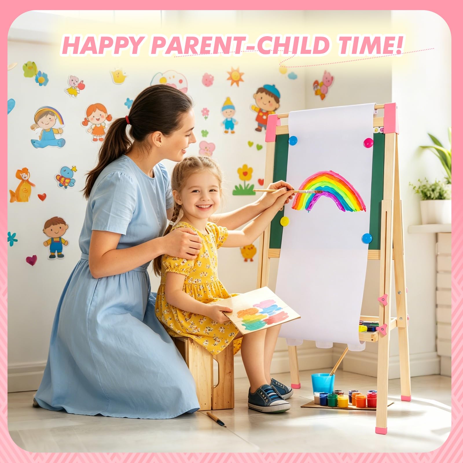 Pizarra Infantil 3 en 1 Doble Cara con Caballete de Madera Altura Ajustable, Pizarra Blanca y Negra con Rollo de Papel Dibujo y Accesorios Multicolor para Niños (rosa)