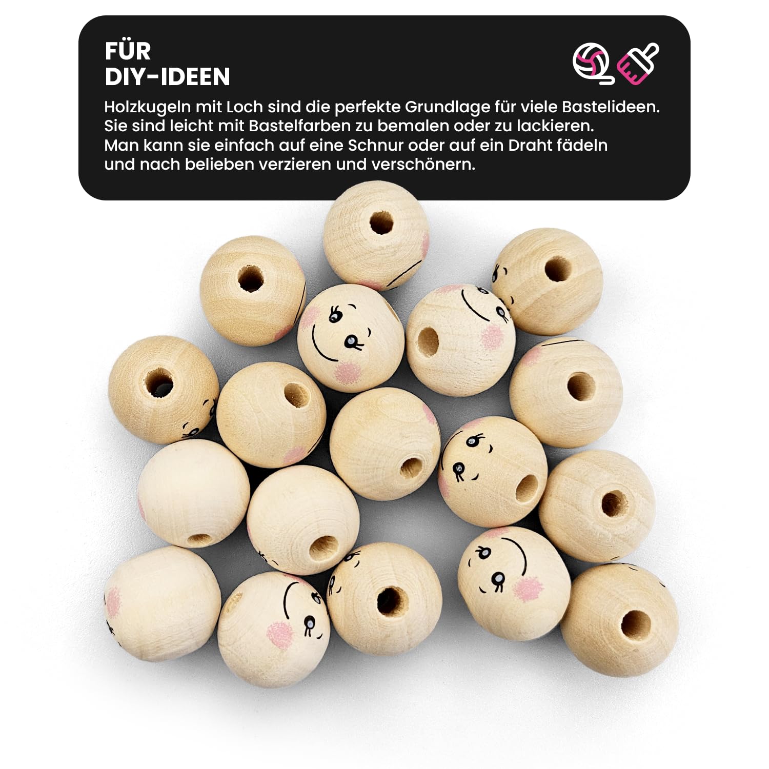 100 perline di legno naturale da 20 mm a forma di faccina sorridente
