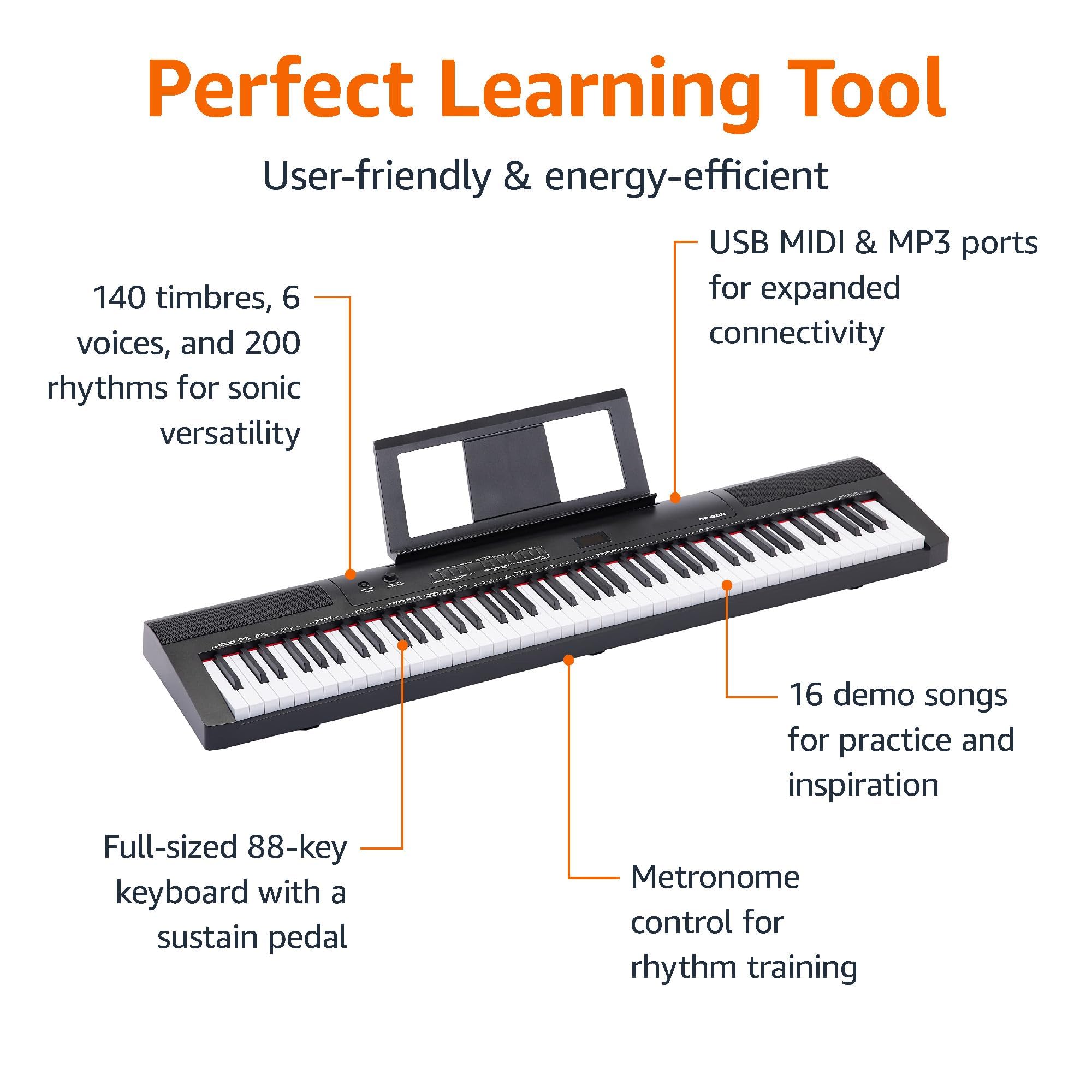Amazon Basics – przenośne pianino cyfrowe z 88 klawiszami półważonymi, pedałem podtrzymującym 2 głośnikami; 140 dźwięków, 200 rytmów, 16 utworów demo, metronom, tryb nauki, czarne.