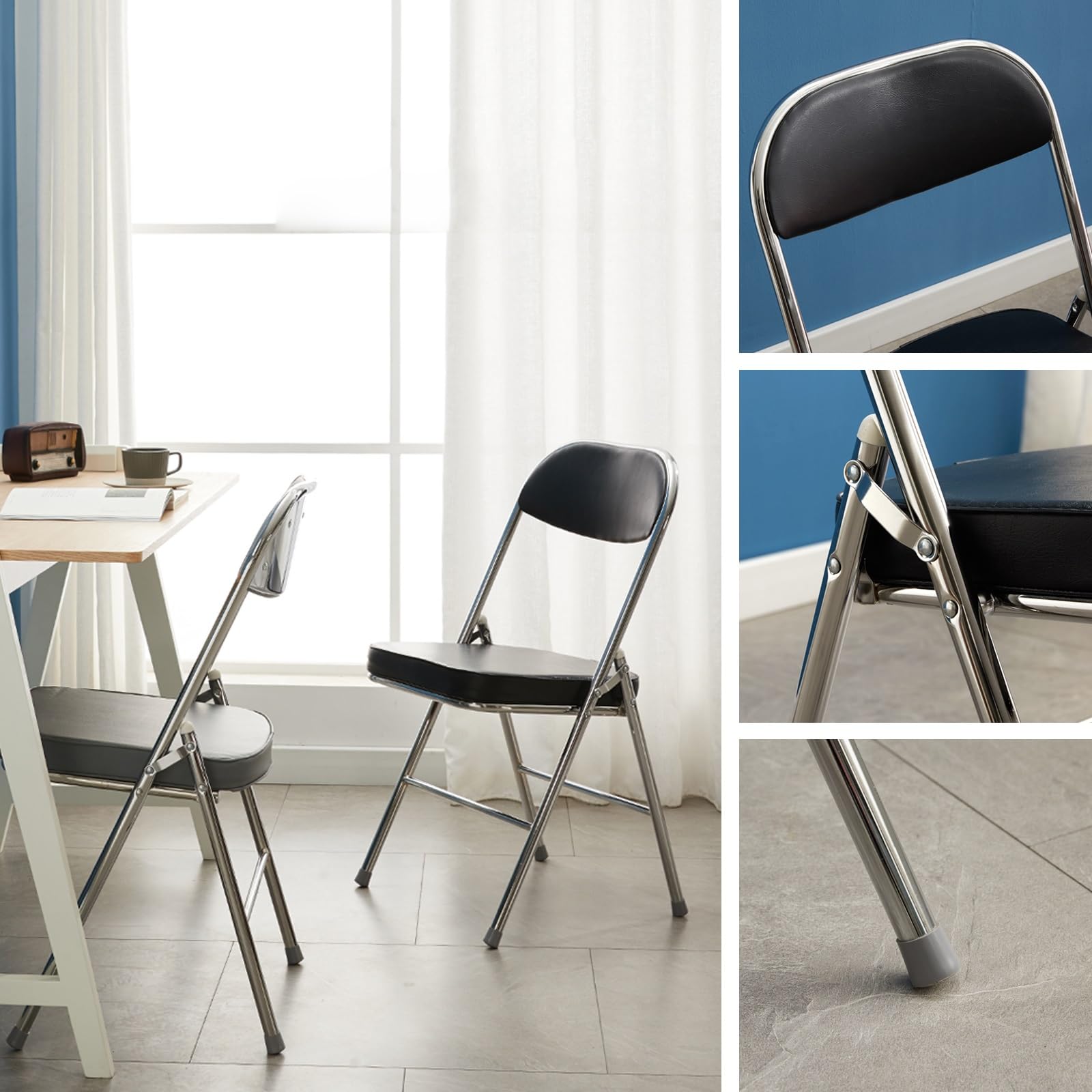 Set 6 Sedie Pieghevoli Slim Con Seduta Imbottita - Ideali Per Ospiti, Ufficio, Casa E Campeggio, Colore Nero