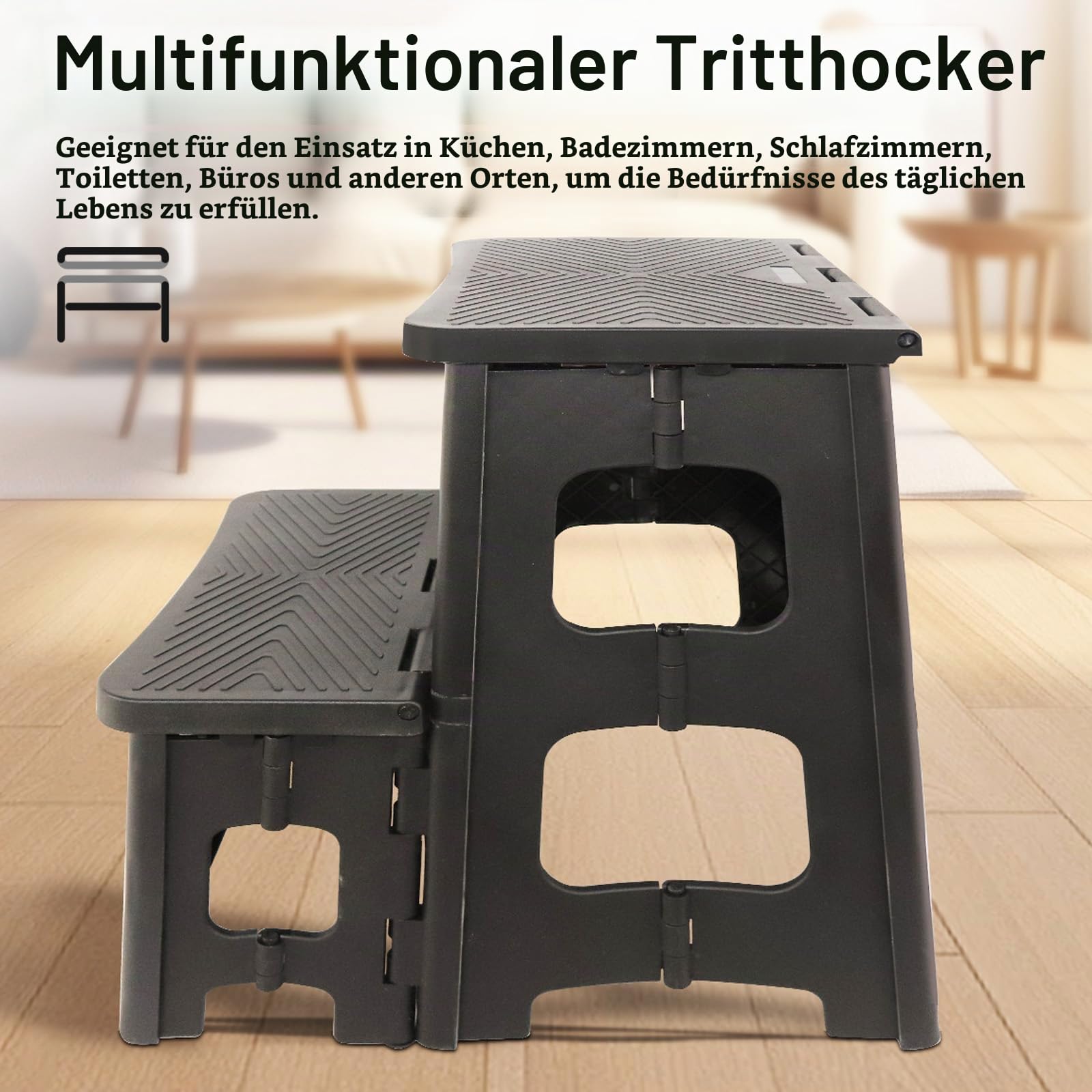 2 Stufen Tritthocker Klappbar mit Rutschfester Trittfläche für Kinder - Weißer Klapphocker 150kg Tragfähigkeit für Küche, Haus, Büro und Draußen