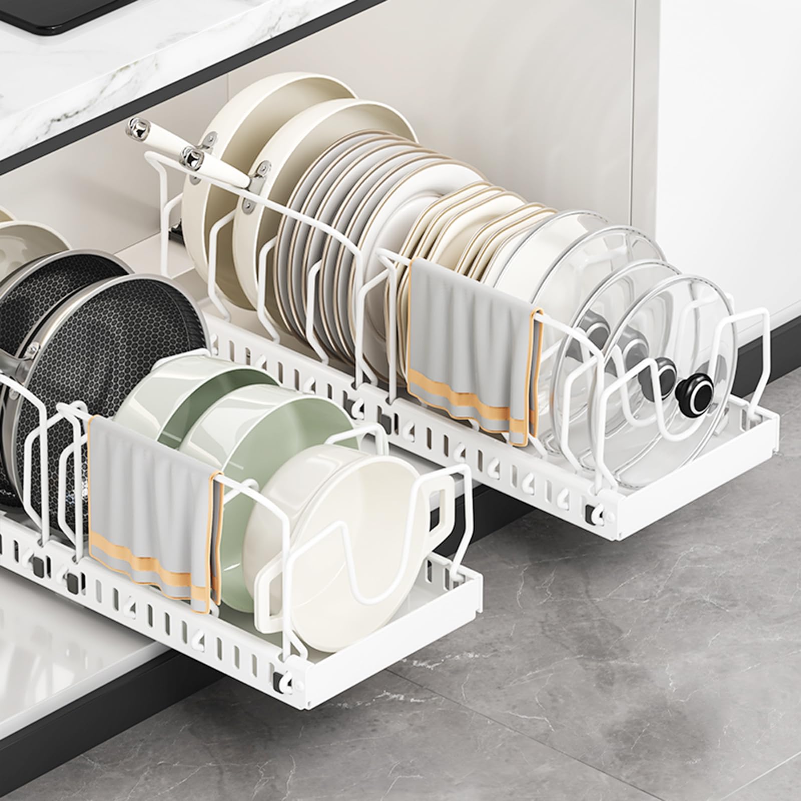 Ensemble de 2 casseroles et poêles Organisateur avec 2 Supports de poignée, Organisateur de Couvercle Coulissant avec 10 séparateurs de Couvercle réglables (Blanc)