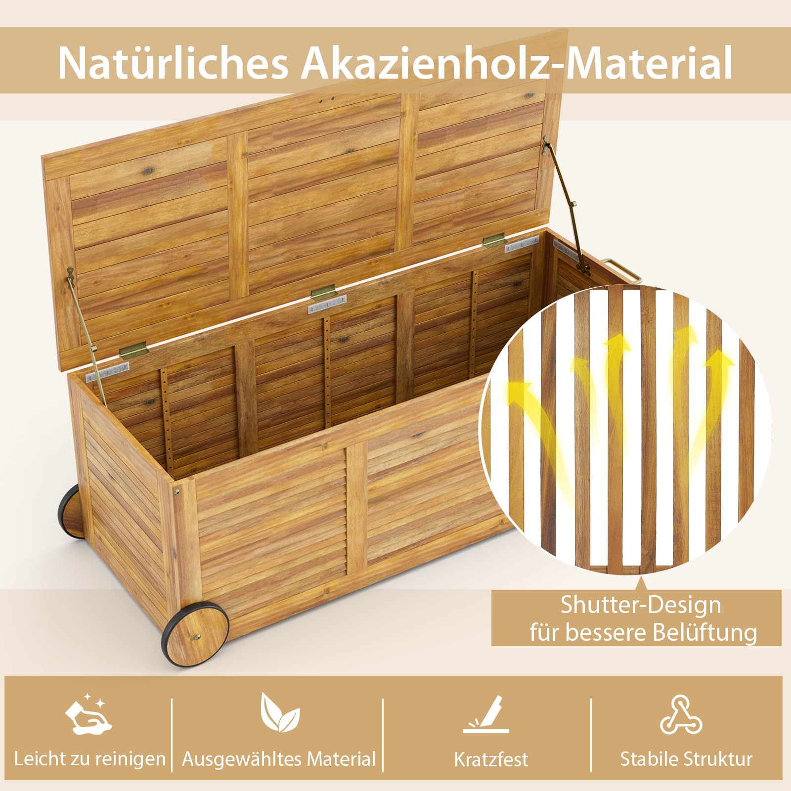 GOPLUS Gartenbox, 182L Aufbewahrungsbox aus Massivholz, Kissenbox mit Rollen, Griff & wasserdichtem Tasche aus PE, Auflagenbox Outdoor für Sitzauflagen, Gartengeräte & Spielzeug, 127x50x45 cm, Natur
