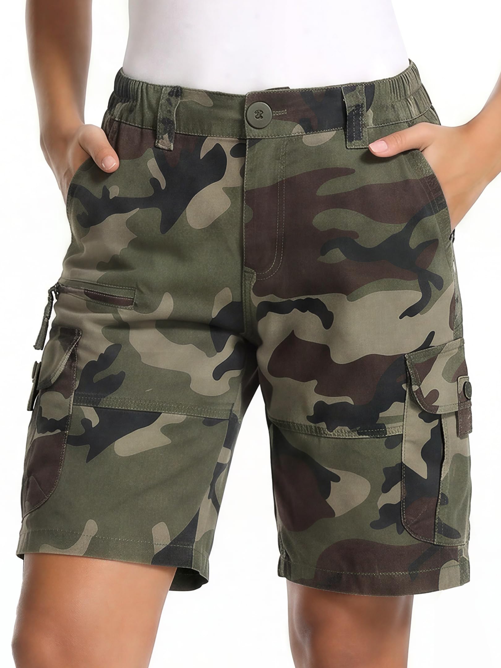 Pantalón Corto Cargo Senderismo Mujer, Shorts Ligeros de Cintura Elástica hasta la Rodilla, Bolsillos Múltiples para Verano