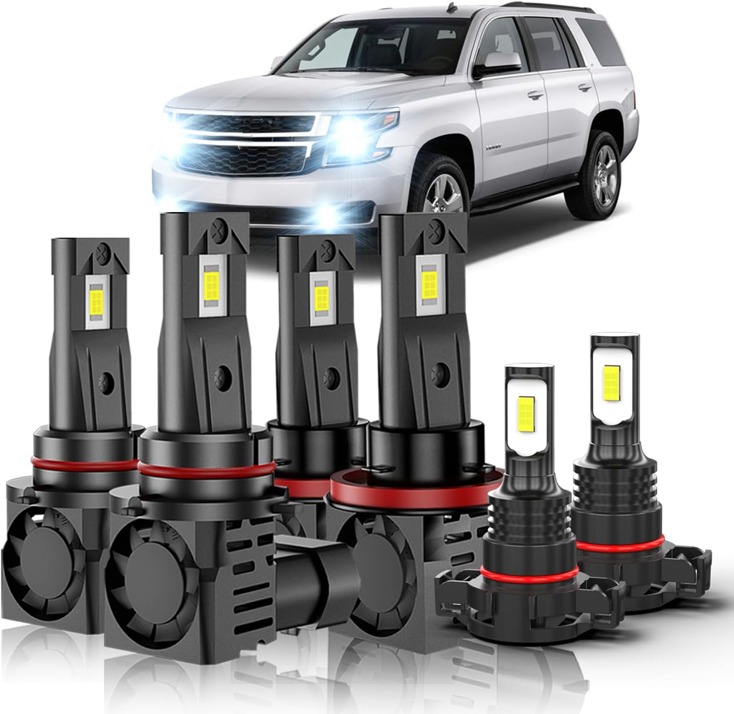 Fit For Chevrolet Suburban 1500 2500 Chevy Tahoe 2007 2008 2009 2010 2011 2012 2013 2014,9005 High Beam+ H11 Low Beam+ 5202 Fog Light Bulbs Combo,6000K White,800% Brighter Lightness,Pack of 6