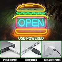 Vista 5 de Letrero de neón de hamburguesas abierto para decoración de pared Luces LED de hamburguesa regulables Letreros de neón abiertos para negocio Luz