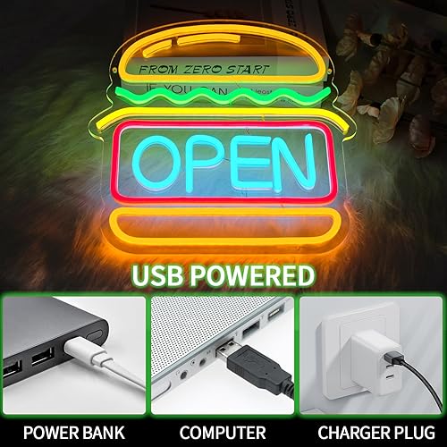 Miniatura 5 de Burgers - Letrero de neón abierto para decoración de pared, regulable, hamburguesa, luces LED, letreros abiertos para negocios, alimentos, luz de