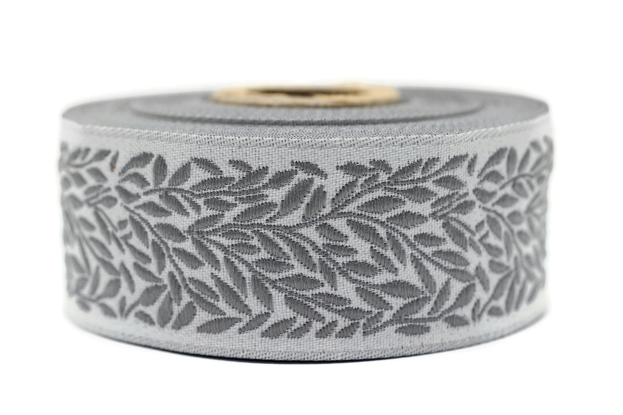 10 Meter Spool 35 mm Wide Gray Leaf Tendril Jacquard Ribbon Embroidered Woven Trim 35270