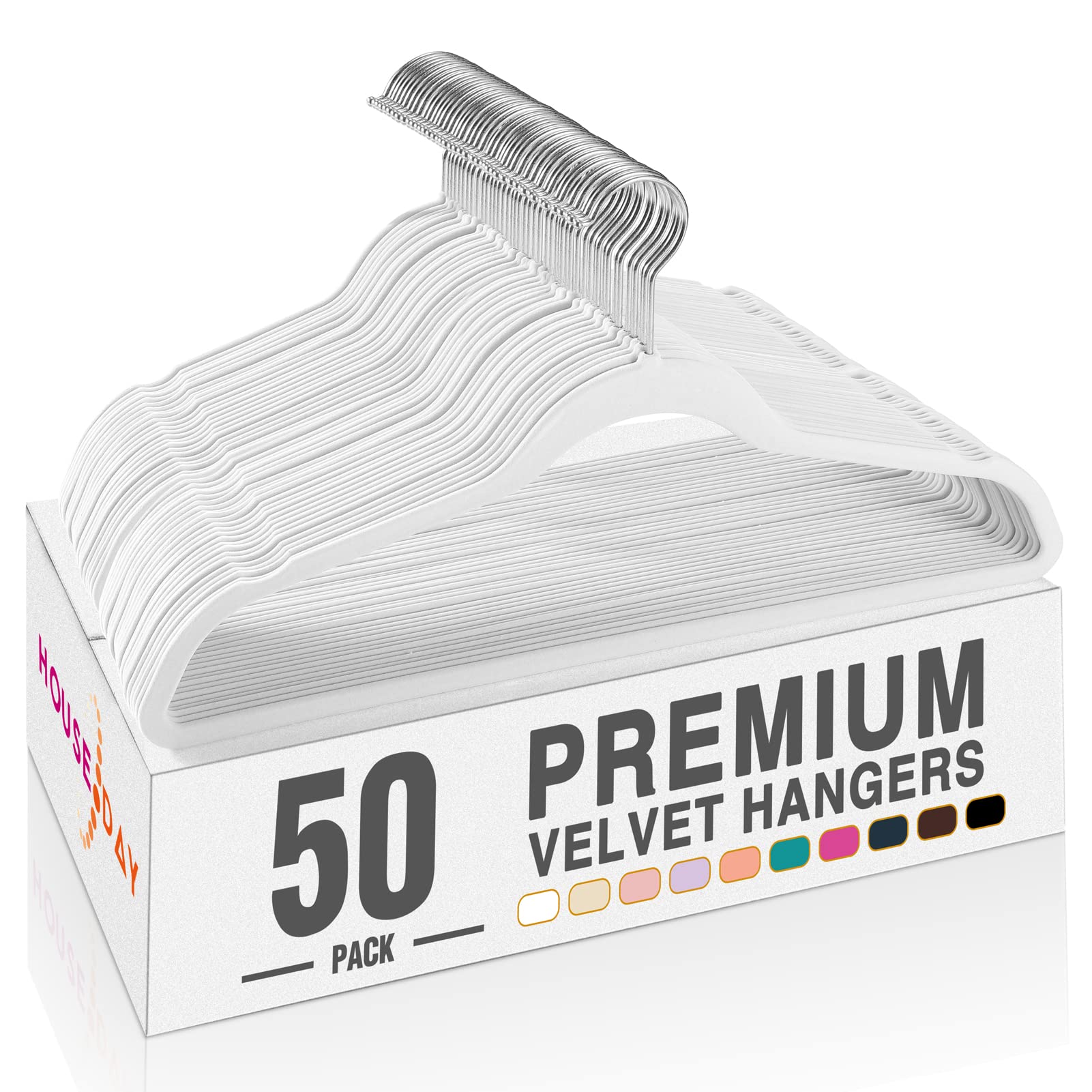 HOUSE DAY Premium Velvet Hangers 50 Pack, Non-Slip Flocked Felt Hangers, Sturdy Clothes Hangers Heavy Duty Coat Hangers & Suit Hangers, Durable Slim White Hangers for Closet Space Saving