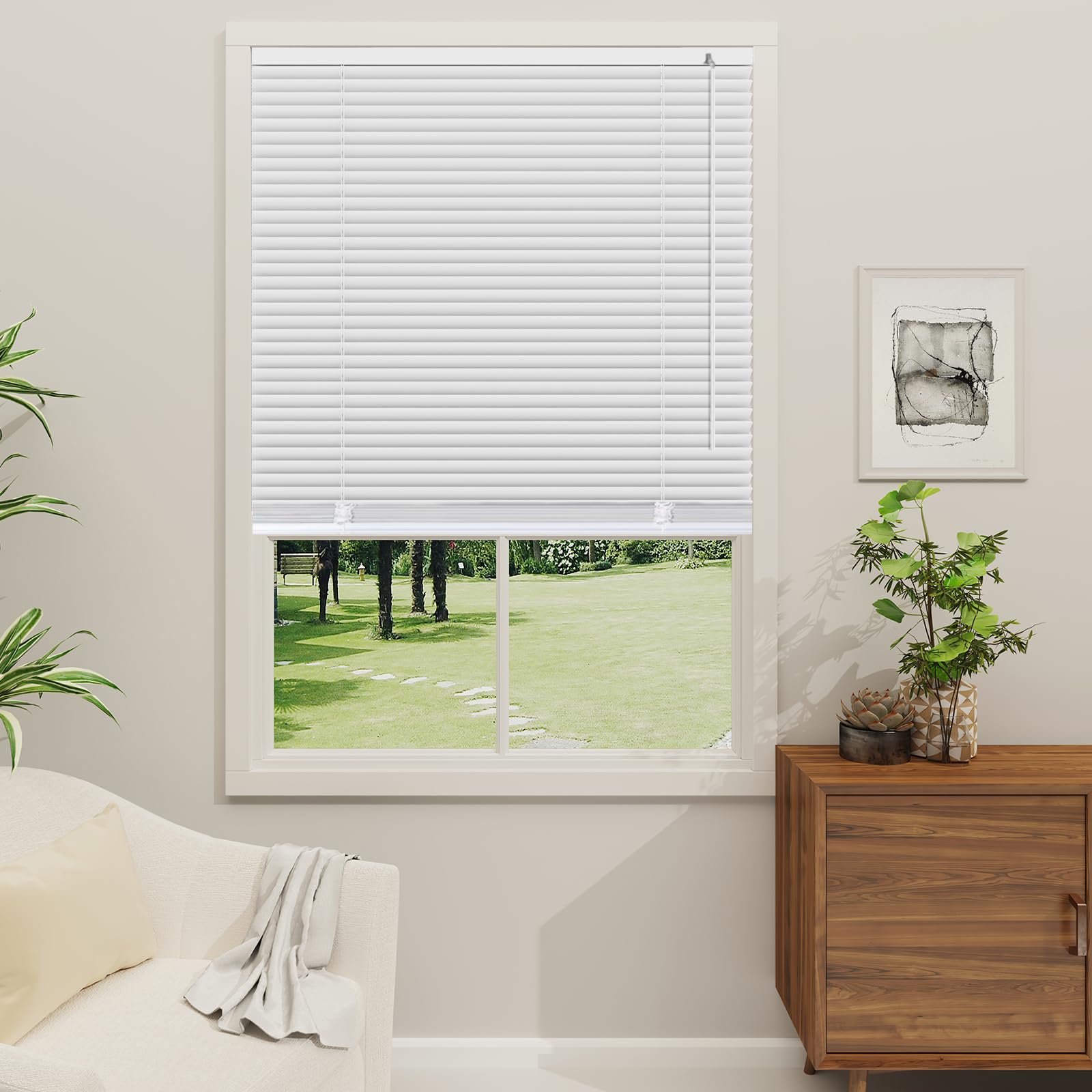 OptiBlinds Cordless 1" Mini Blinds Suitable for 27.5" W x 64" H Windows Darkening Waterproof Aluminum Heat Resistant Horizontal Window Blinds & Shades