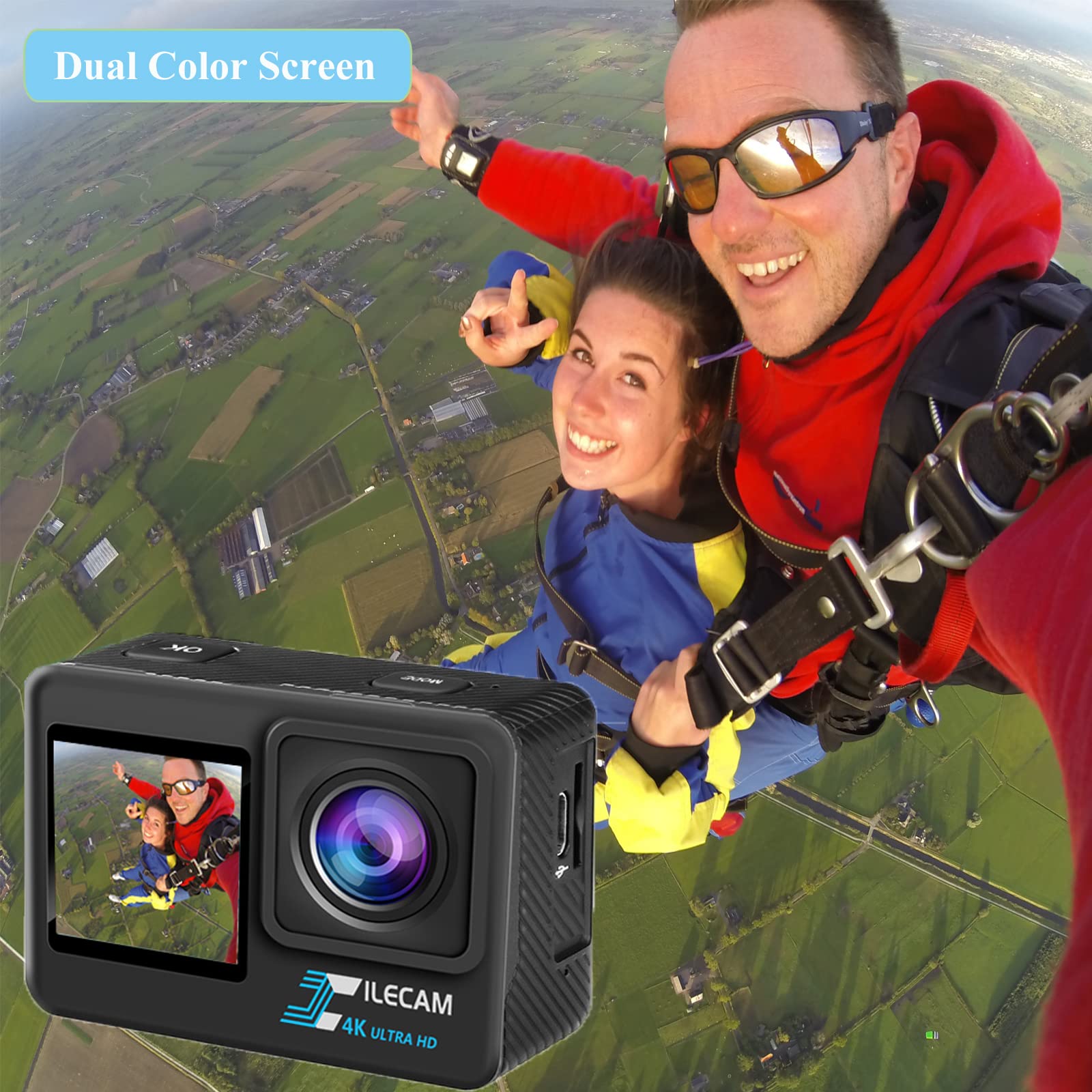 Xile action cam 4k,Sports Cam da 16 MP e Grandangolare, Fotocamera Subacquea da 30M Dotato di 2×1350 mAh Batteries di Grande Capacità e Accessori di Montaggio per Casco e Bicicletta, ecc.