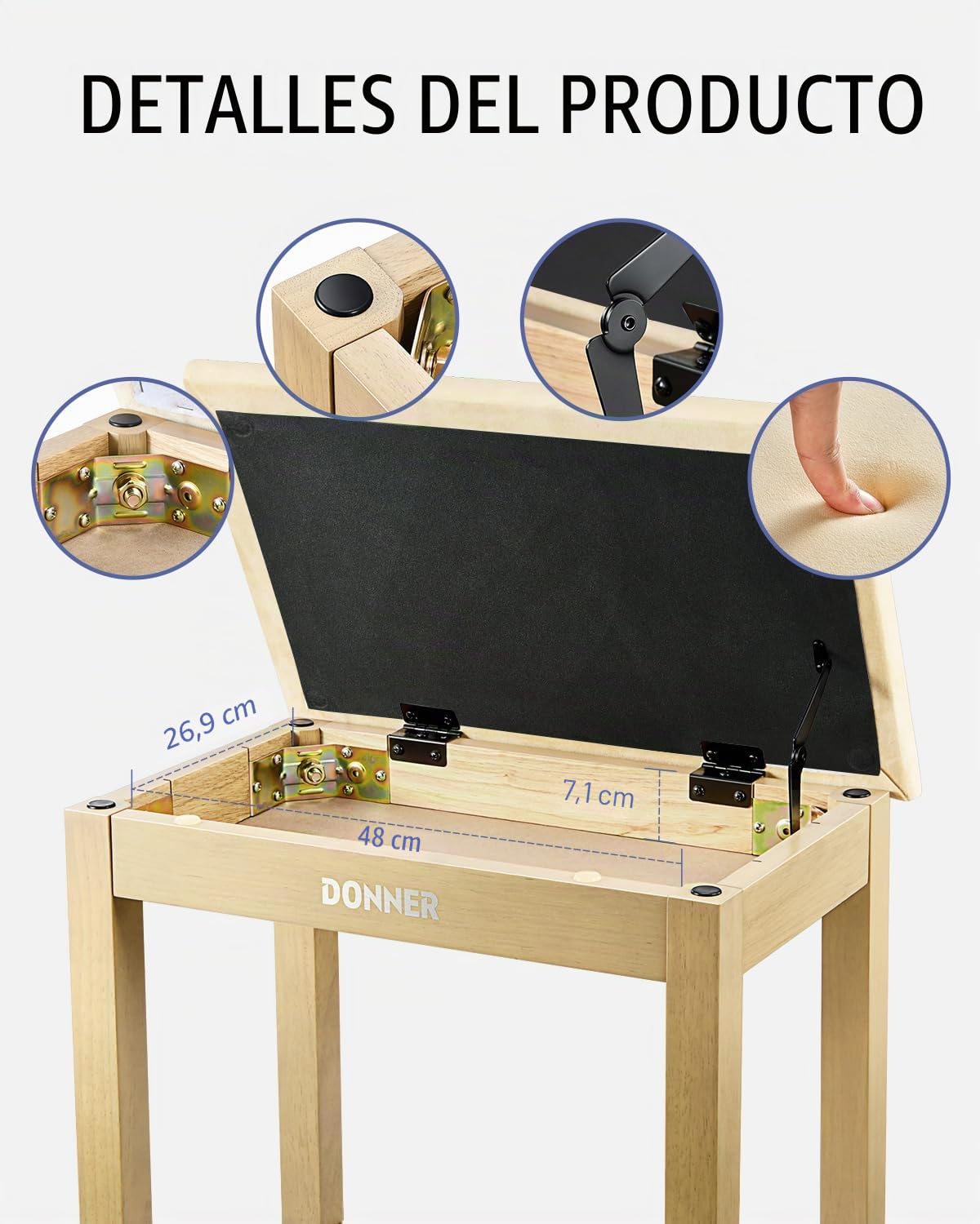Donner Piano Banco con Almacenamiento, Madera Maciza Teclado Banco Piano Librería Taburete Silla Asiento con Cojín de Gamuza de Alta Densidad, Color Madera Clara