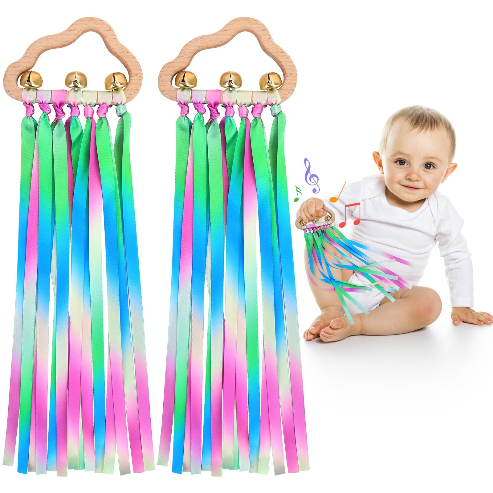 Baby Sensory Rainbow Rattle - 2Pcs Natural Wooden Ribbon Ring Molar Wood Circle Newborn Teether Sensory Montessori Toy for 6-12 Month Babies Toddler