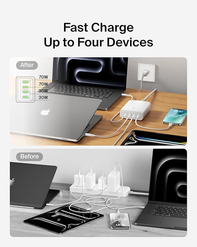 Belkin 4-Port USB C Charger Block 200W - GaN Charger USB-C PD 3.1 Fast Charge + 5ft Power Cord - MacBook, Apple iPhone 17, iPad, Samsung Galaxy S25, Google Pixel 10, Nintendo Switch 2 & More - White