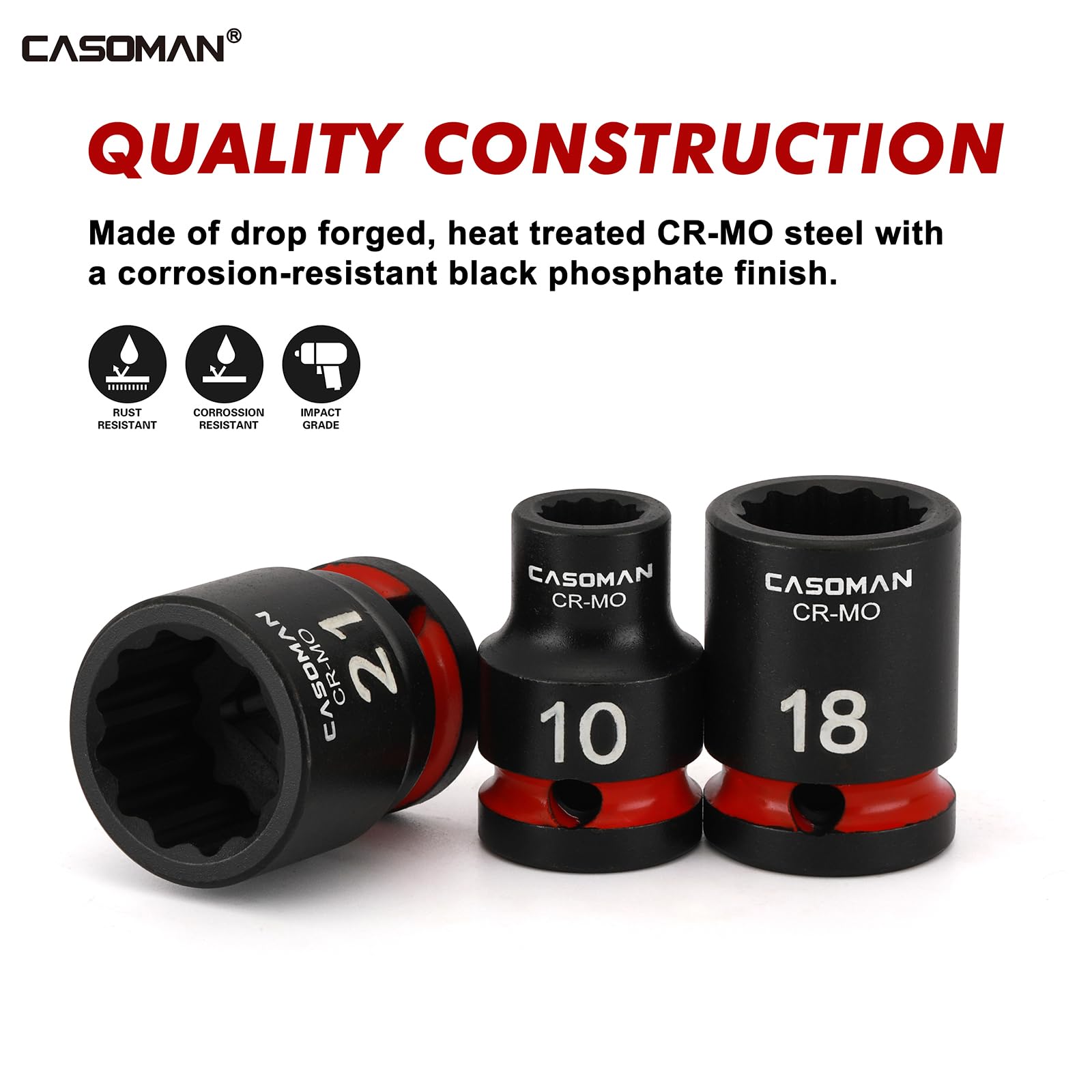 CASOMAN Set di 26 chiavi a bussola a percussione standard da 1/2", 12 punti, metriche, 10-36 mm, in acciaio CR-MO, con custodia