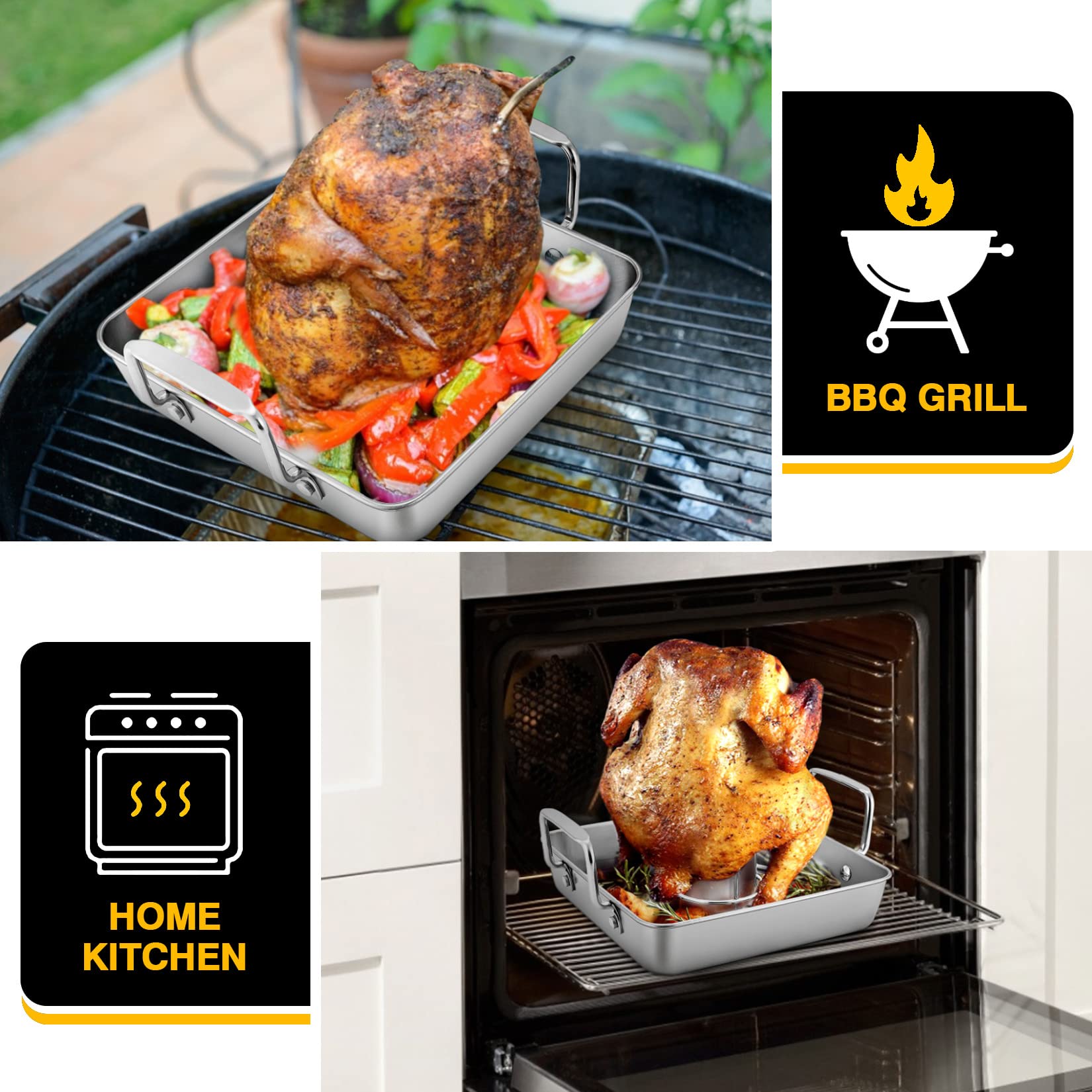 Juego de soporte para pollos de cerveza con bandeja para asar, molde cuadrado de acero inoxidable de 9 pulgadas y estante para pollo para asar, resistente y apto para lavavajillas, 2 unidades 7