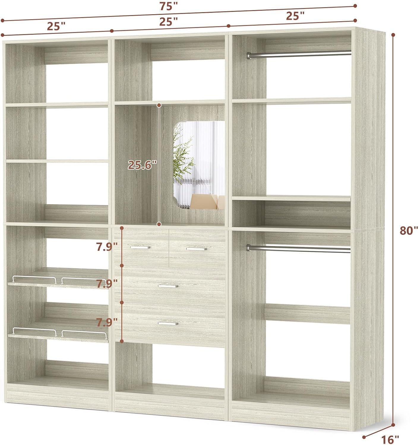 Unikito 75” Closet System with Drawers, 6.2FT Wood Closets Organizer with Hanging Rods and Mirror, Reversible Large Walk in Closet Wardrobe Garment Rack with Shoe Shelves, White Oak