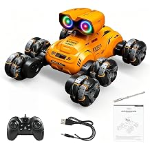 Robot Toys for Kids, 8 Wheels RC Stunt Car with LED Eyes, Lights & Music, Flexible Head, 360 Rotation, All-Terrain Remote Control Robot Car with Auto Demo