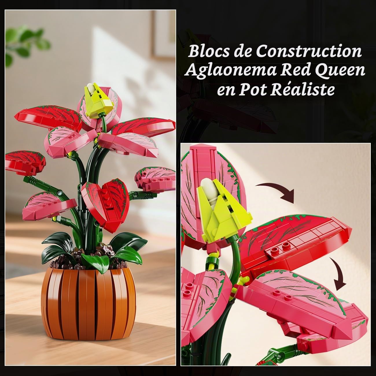 HiWEEGO Flowers Botanicals Bonsai Building Set - Bonsaï Artificiel Aglaonema pour la décoration intérieure, 782 pièces de Fleurs artificielles à Assembler, Cadeau d'anniversaire pour Adultes