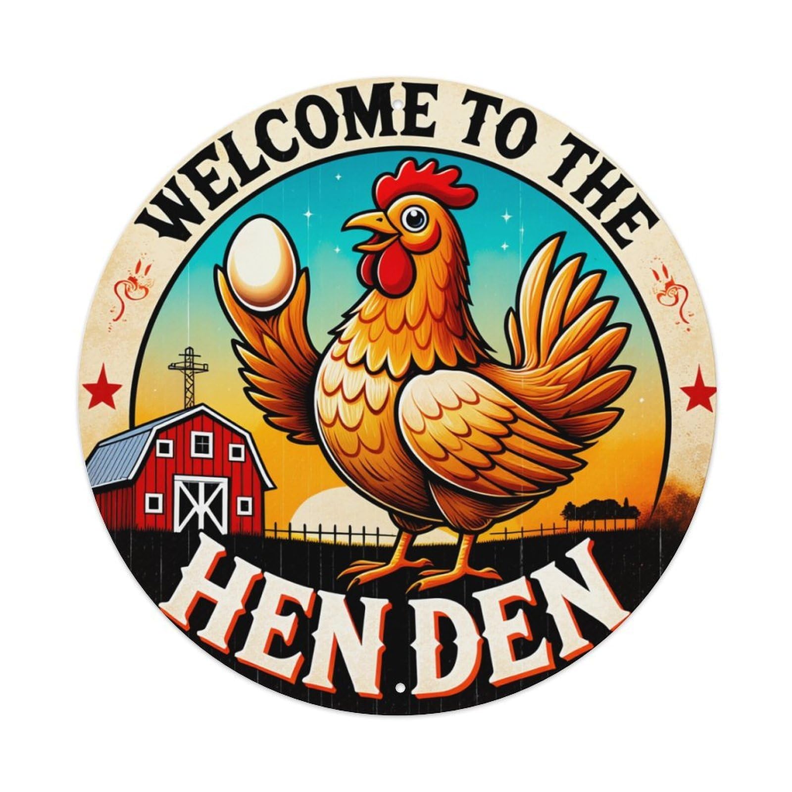 Chicken Barn Egg Stars Sky Round Tin Sign Retro Metal Sign for Cafe Bar Pub Home Game Room Gym Club Wall Decoration Vintage Metal Poster 8x8 Inch