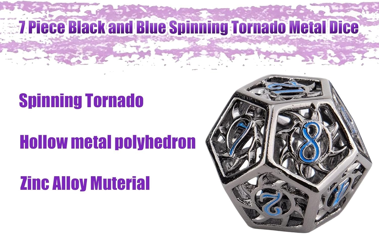 7 Piece Black and Blue Spinning Tornado Metal Dice, Hollow Metal Polyhedron, Compatible with Role-Playing RPG Board Game Card Game