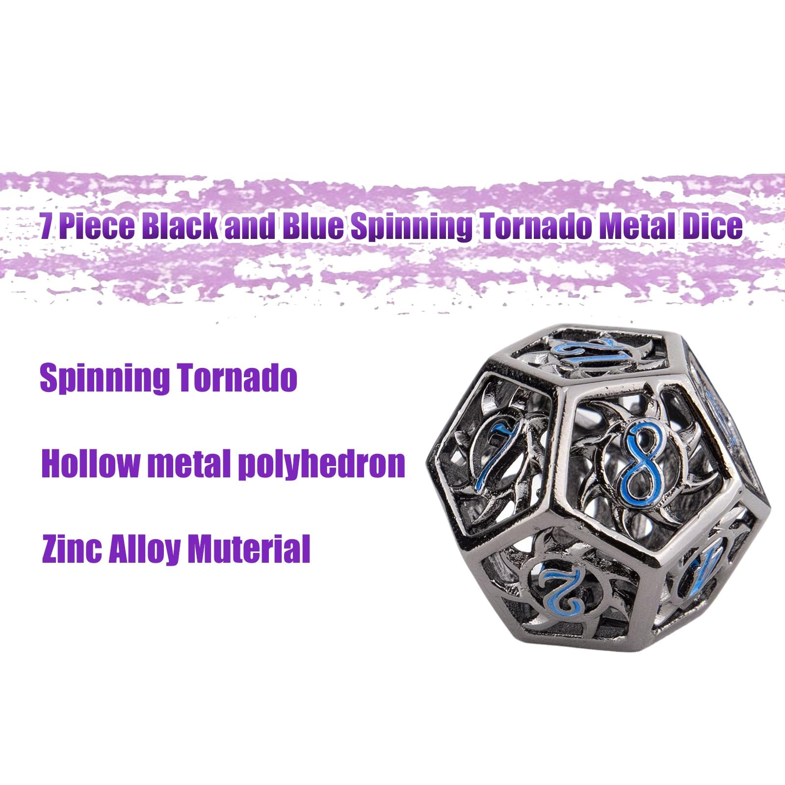 Dés Métalliques à Tornade Noirs et Bleus (7 Pièces), Polyèdres Creux, Compatibles avec Les Jeux de Rôle de Plateau et de Cartes