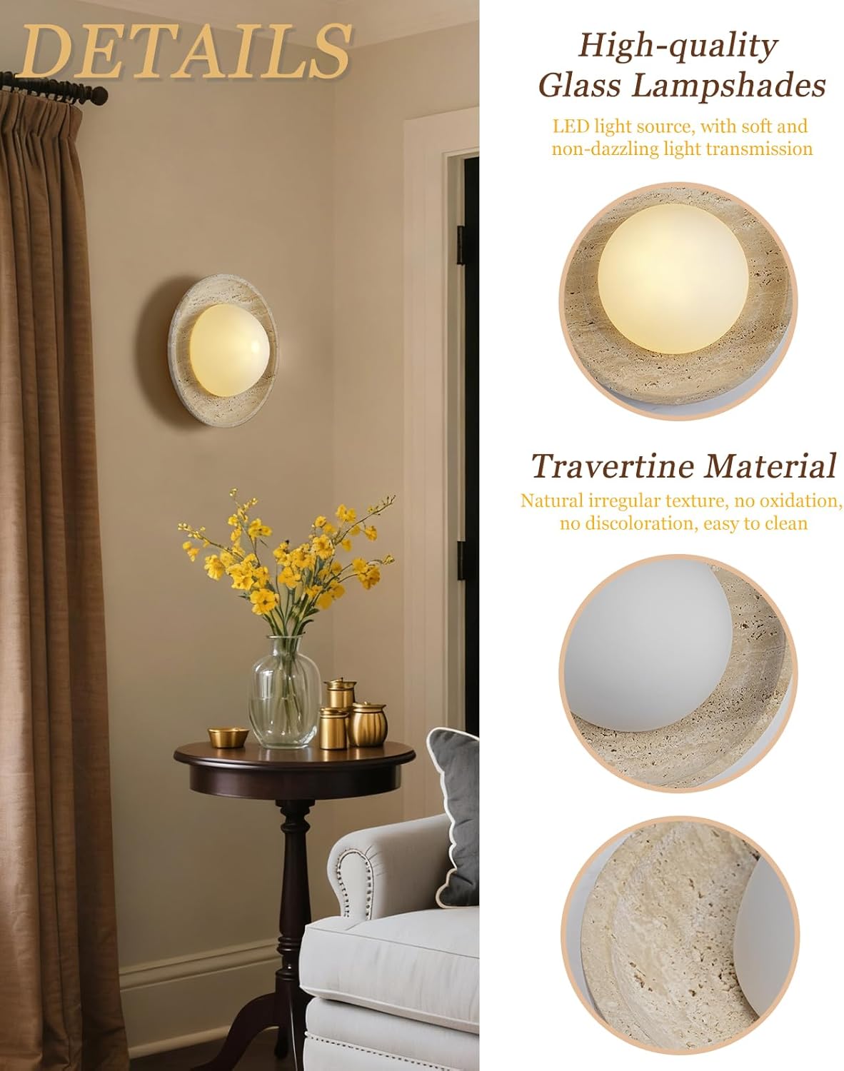 Yellow Travertine Wall Sconce 9.8" Natural Retro Stone Wall Sconces with Round Milk Glass Lampshade, Japanese Style Wabi Sabi Wall Light Fixture for Bedside Bedroom Living Room Kitchen Island