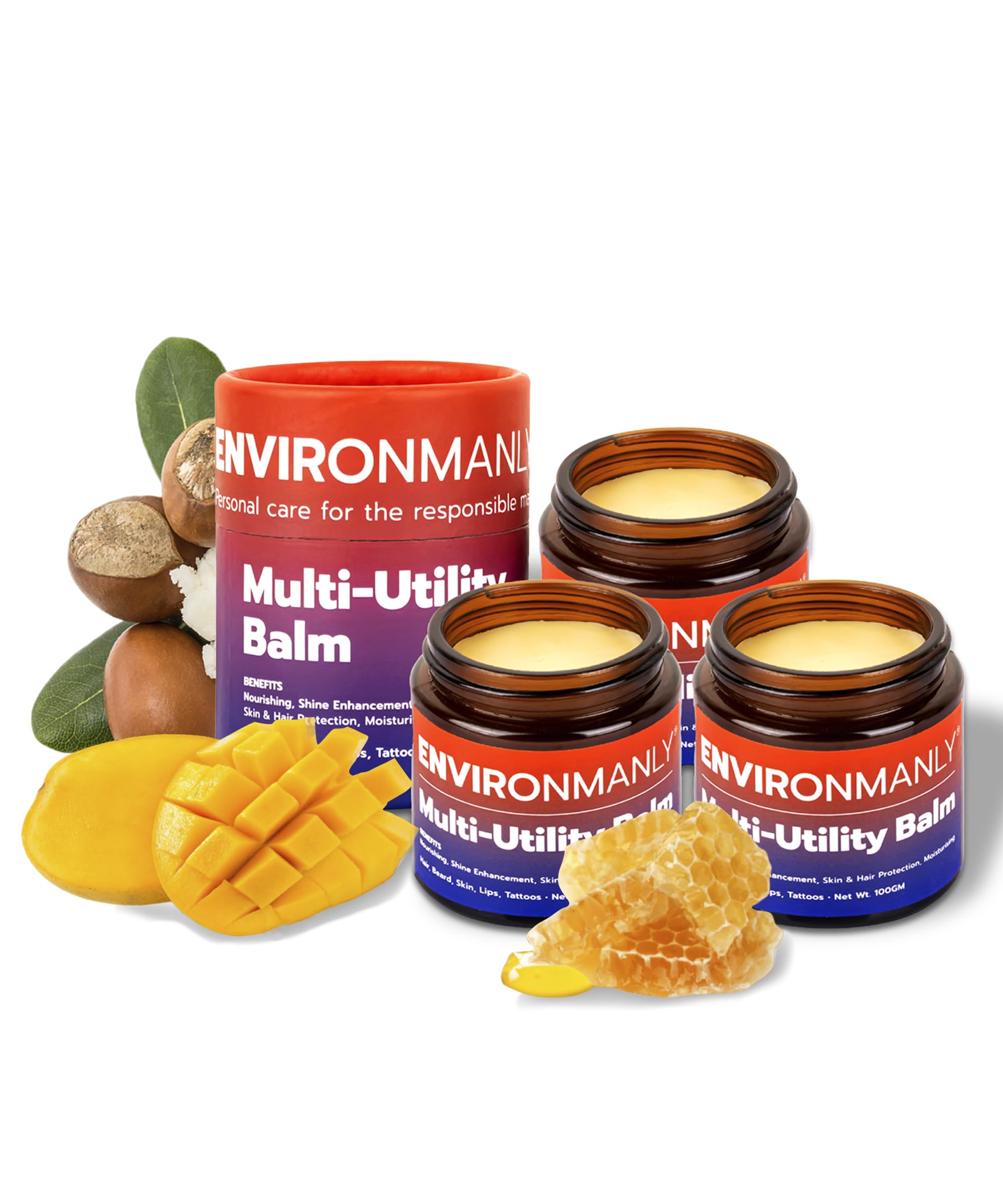 Environmanly Multi-Utility Balm for Men | For Hair, Beard, Tattoos, Skin, Lips, Cuticles | 100 gm | Hydration & Mosturisation | Suitable for All Hair & Skin Types | Eco-friendly | Natural (Pack of 3)