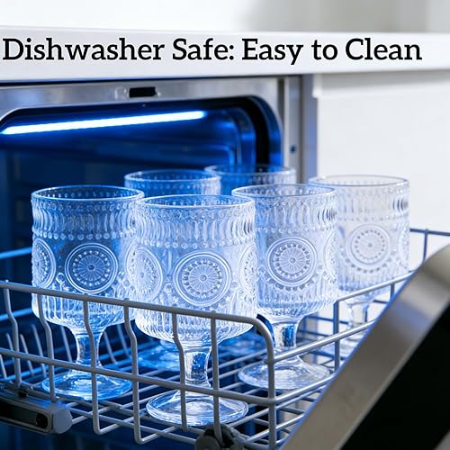 Miniatura 6 de Paquete de 6 vasos de copa vintage, vaso de vidrio floral en relieve de 8 onzas, cristalería de vino romántica transparente, copas de patrón