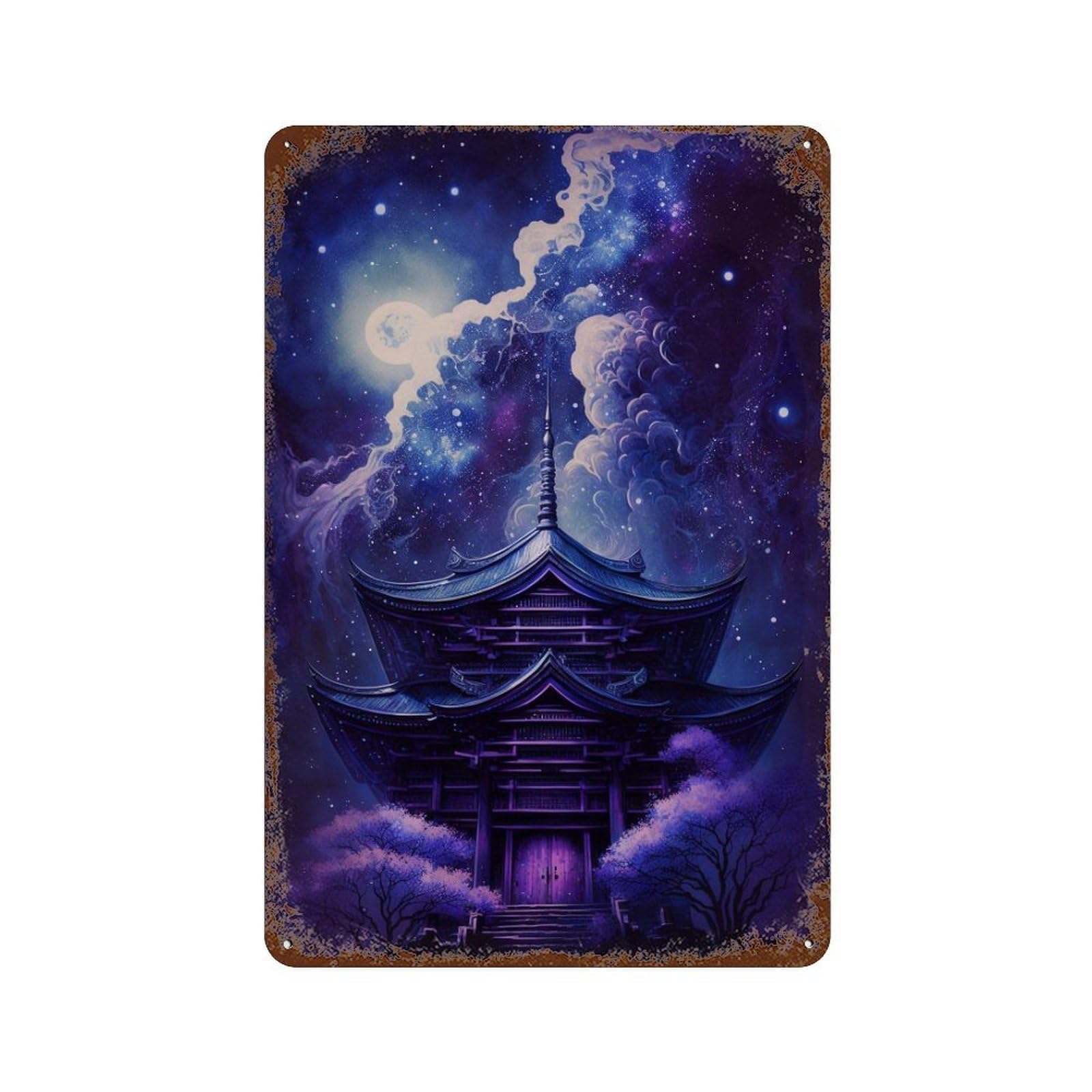 Enchanted Pagoda Night Sky Rust Effect Tin Sign 11.8"x7.9", Industrial Home Decor for Garage, Pub Or Kitchen